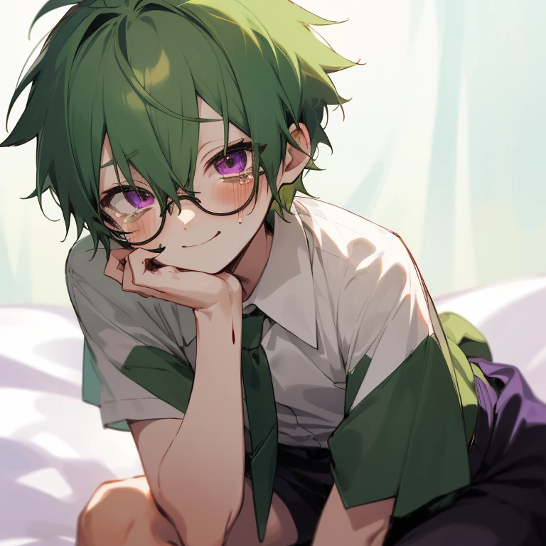 A shota boy,green hair,short hair,wearing a black circle glasses,two green antenna,purple eyes,cute,white skin,sitting on the bed,innocent,smiling,blush,blood bleeding,wearing stock,crying