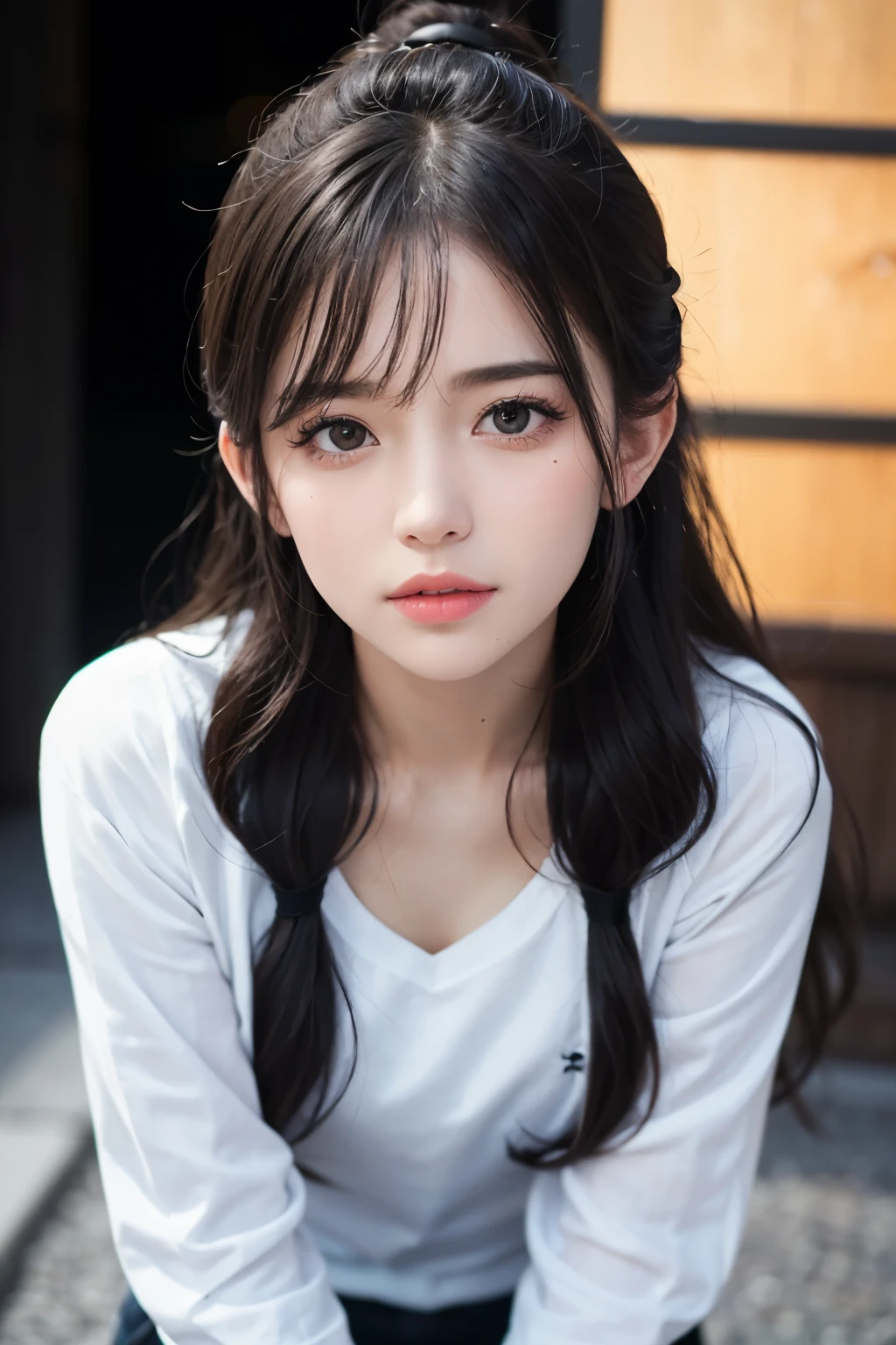 (8k, RAW photos, highest quality, high resolution:1.1), (hyperrealistic:1.4),(realistic, photorealistic:1.3), soft light,realistic face,realistic body,realistic skin,absurdity,masterpiece,(cute:1.8),(slouch:1.8),(from top:1.2),(close-up:1.4),crawling on all fours,POV,( Detailed White Loose T-Shirt:1.2),(Beautiful Nipple Slip:0.9),(Long Hair,Ponytail),(Big:1.2),Cleavage,Detailed Black Eyes,Innocent Eyes,Drooping Eyes,Teary Eyes,Open Lips,Blush,Good Style,Cinema Light,Film Grain,Close Up,Look Viewer,Full Body,Depth of Field, Blurred Background,Eye Focus,Young,85mm Lens, F/ 1.4,Professional Lighting,Portrait,Photon Mapping,Radiosity,Physically Based Rendering,Transparency,Japan Girl,Day,Sunny,Outdoor