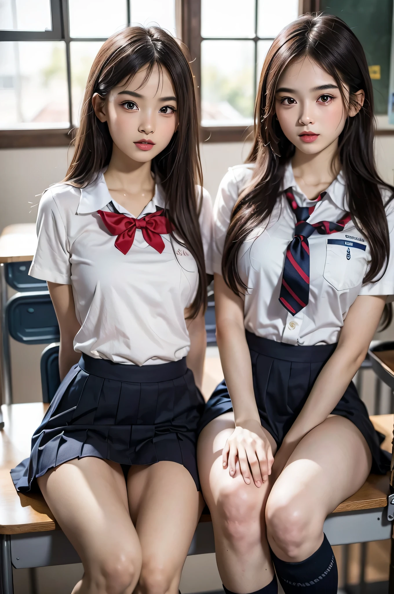 (2ung girls), beautiful girl with beautiful details, Raw photo, (Best Quality:1.2), 8K, high details, hight resolution, With the highest quality, High-definition raw color photos, professional photograpy, (Fine face:1.2), (hi-school uniform with open chest:1.5), pleated skirt, indoors, classroom, desk, chair, sitting, (Open mouth), ((legs spread)), (panties:1.3), depth of fields,
