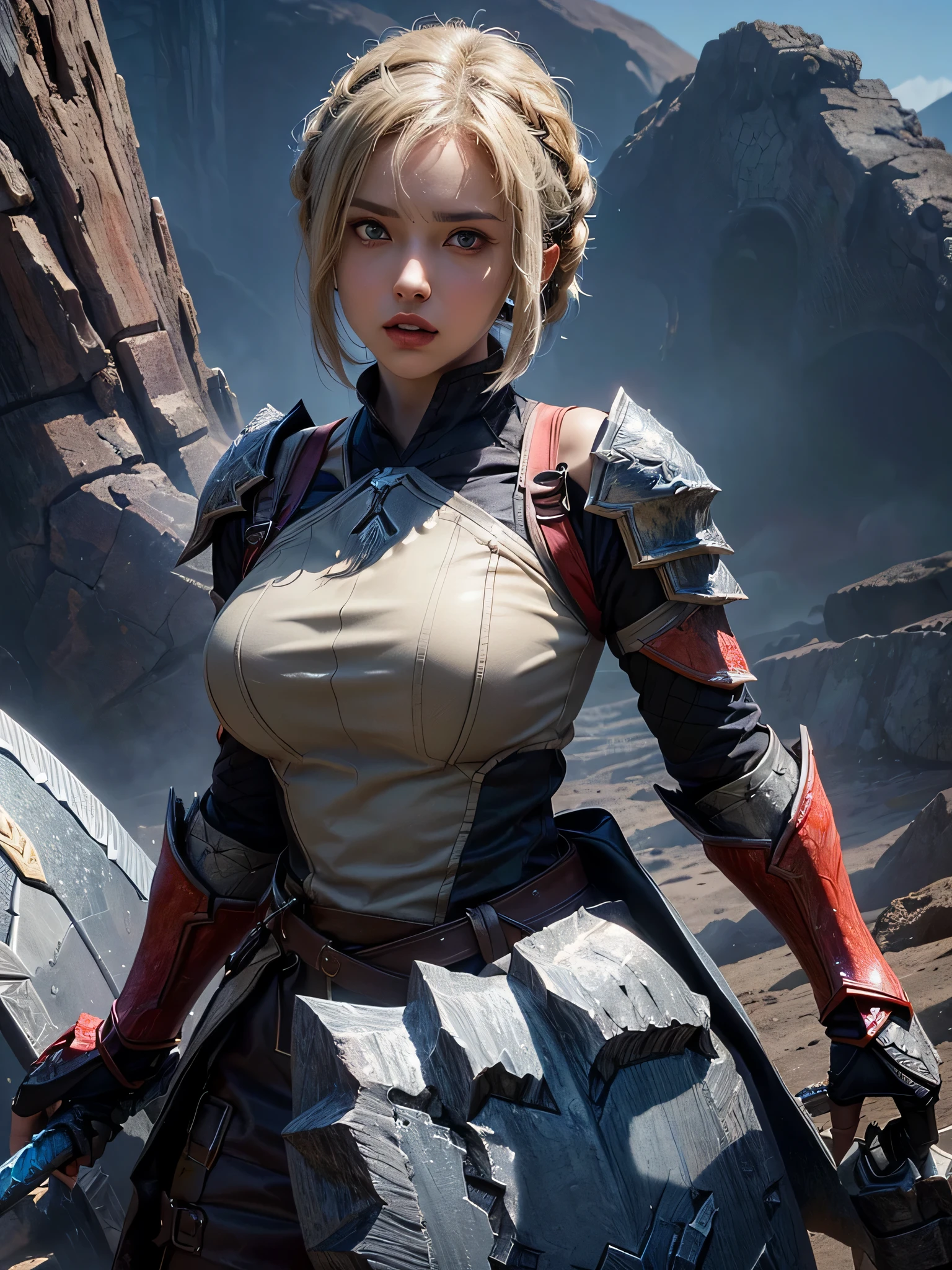 medium (shoulder-length:1.2) slicked-back [blue-black:.3] hair, (1young girl:1.2), blonde hair, (Ultra realistic, high res), (highly detailed eyes, highly detailed hair, highly detailed face, highly detailed plump lips), (off shoulder), breasts, upper body, (best quality:1.4), Raw photo, (realistic, photo-realistic:1.37), professional photography, cinematic light, (fine face: 1.2), gold, volcano, dinosaur, (battle, giant monster, giant sword, giant spear, giant shield, adventure, giant monster, Volcanic eruption, tough monster, creepy monsters:1.4), (girl monster hunter in armor, girl monster hunter:1.6), Flying sparks, terrible sights, Powerful photo illustration, Unimaginable, astonishing, 