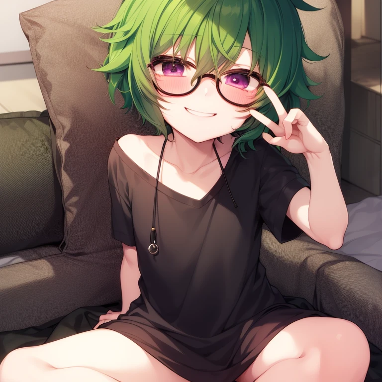 A shota boy,green hair,short hair,wearing a black circle glasses,two green antenna,purple eyes,cute,white skin,sitting on the bed,innocent,smiling,blush,blood bleeding,wearing stock,crying