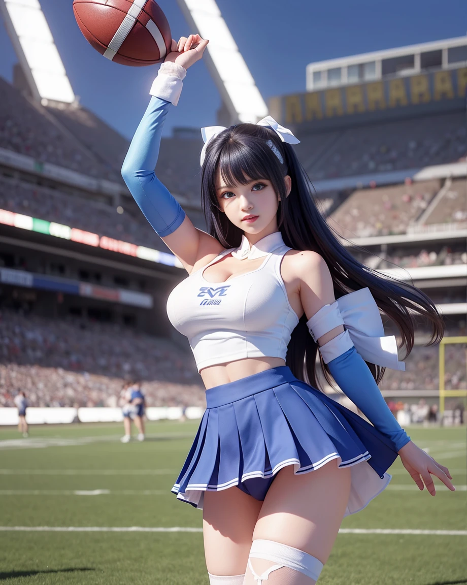 ((master parts, highest quality,Shinkai is absurd.( 1 woman,I, long hair, 21 years old,expressive blue eyes,huge breasts, huge breasts), Cheer Uniform Sleeveless Gym Top, pleated skirt,White laced panties with bandages, socks))) , College Football Field,Other blurry buildings at the bottom of the image, Day,College Football Field,College Football Field,College Football Field
