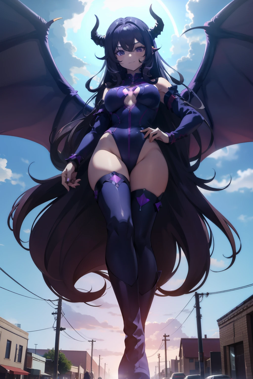 giant girl 50,00000 feet high, Possessing a pair of huge demon wings,Have waist-length hair,Loose hair,Wearing a pair of long boots,Purple curly hair,A look of enjoyment,Standing tall in a small town with huge crowds of people,side angle