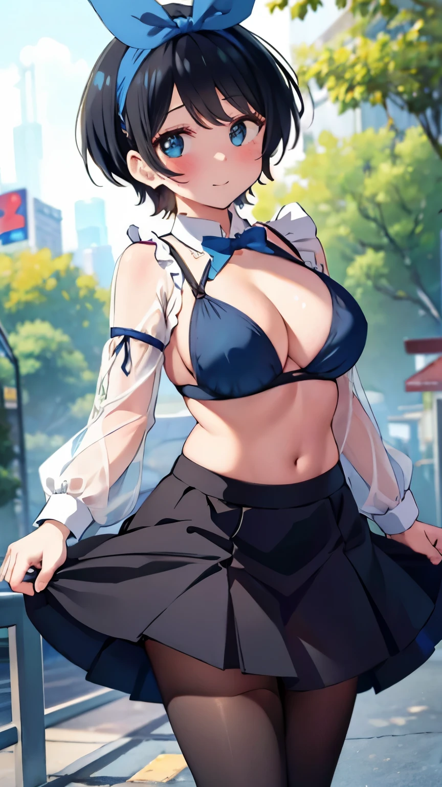 Main piece、high quality、High resolution、1 girl,single, Ruka Sarashina、jewelry、skirt、Maid uniform that exposes the 、Japan maid café、black hairの女性、short hair、black hair、black pantyhose, blue eyes, long sleeve, blue hair band, bangs, big full , cleavage, Medium waist, medium , wide thighs, Cowboy photos, smile, fascinating, embarrassing, blush、lots of people, looking at the viewer,from below、Low - Angle,very 、cleavage、、no panties、no panties、非常に短いskirt、、を出す、からミルクが吹き出す、からミルクが滴る、whole body、whole photo