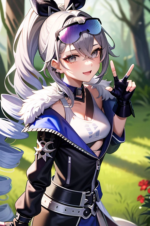 tmasterpiece， Best quality at best， SilverWolf V4， 1girll， 独奏， looking at viewert， ssmile， hair adornmentitts， hair between eye， jewely， jaket， 耳Nipple Ring， black glove， Fingerless gloves， sun glasses， glasses on head， forest behind， Sweet laugh