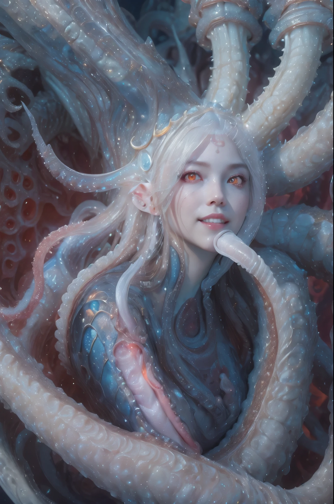 scary and sexy detailed art in color, Portrait, (beautiful and obscene female alien:1.4), (vulgarity1.7), (she has red eyes with no pupils:1.8), (Translucent white skin:1.7), (There is a female genital-like organ in the middle of the forehead:1.9), (The most beautiful face in the history of the universe:1.2),an evil gaze that seduces, (large mouth:1.1), (sharp teeth like a vampire:1.2), Full body portrait, (bio luminescent:1.5), (Smile wickedly:1.3), (sexypose:1.5), alien, No humans, cells are fused, (Lots of translucent tentacles:1.3) extraterrestrial, cell, bio image, best quality, 8K, In 4K_quality, High freshness, Dramatic Lighting, masutepiece:1.5,cinematic quality, detail up, (exquisite details:1.2), high resolution, High freshness, drawing faithfully, (Thick eyebrows:1.2), Beautiful eyes with fine symmetry,(Highly detailed face and eyes:1.2), Intimate face, (Super detailed skin quality feeling:1.4), perfect anatomy, (Beautiful toned body:1.5), (Moist skin:1.2), not wearing makeup, (dark circles:1.1), long canines, cinematic drawing of characters, ultra high quality model, cinematic quality, detail up, (exquisite details:1.2), high resolution, High freshness, drawing faithfully, official art, Unity 8K Wall paper, best quality, Very high resolution, ultra detailed artistic photography, midnight aura, unreal engine 5, Ultra Sharp Focus, art by Amano Yoshitaka, ArtGerm, Roisch, intricate artwork, best quality, masterpiece, ultra high resolution, (photos realistic:1.4), ultra realistic realism, dream-like, nautilus, Creation of fantasy, Snail, Dream Snail, (biopunk nautilus:1.3),Thrilling color schemes, ultra realistic realism, seductively smiling, Blue tentacles, Amazing mutation, well-proportioned body, goddess of the deep sea