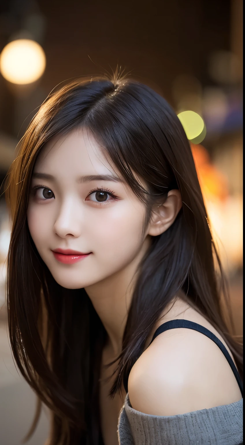 table top, highest quality, figure, super detailed, finely, High resolution, 8k wallpaper, 完璧なダイナミックな構figure, beautiful and fine eyes, elegant winter clothes,medium hair,small breasts natural color lip, bold sexy pose,smile、20 year old girl、cute、Sexy look at the camera,night,beautiful and detailed face,elegant face,perfect and beautiful face,Slim face and body,spread your arms wide、background blur