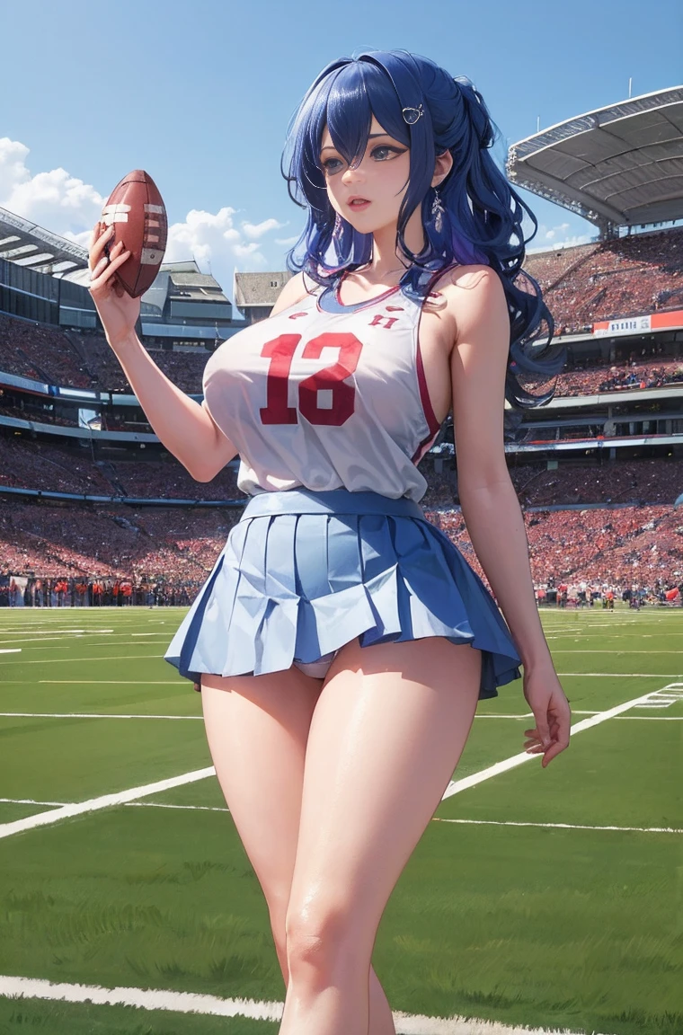 ((master parts, highest quality,Shinkai is absurd.( 1 woman,I, long hair, 21 years old,expressive blue eyes,huge breasts, huge breasts), Cheer Uniform Sleeveless Gym Top, pleated skirt,White laced panties with bandages, socks))) , College Football Field,Other blurry buildings at the bottom of the image,  Day，College Football Field，College Football Field，College Football Field