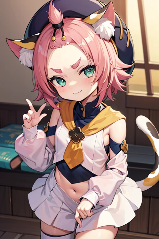 catgirl, bottomless, , furrowed eyebrows, smirk, loli, outside, tail, detached sleeves, hat, в трусах, лифчике, нет другой одежды