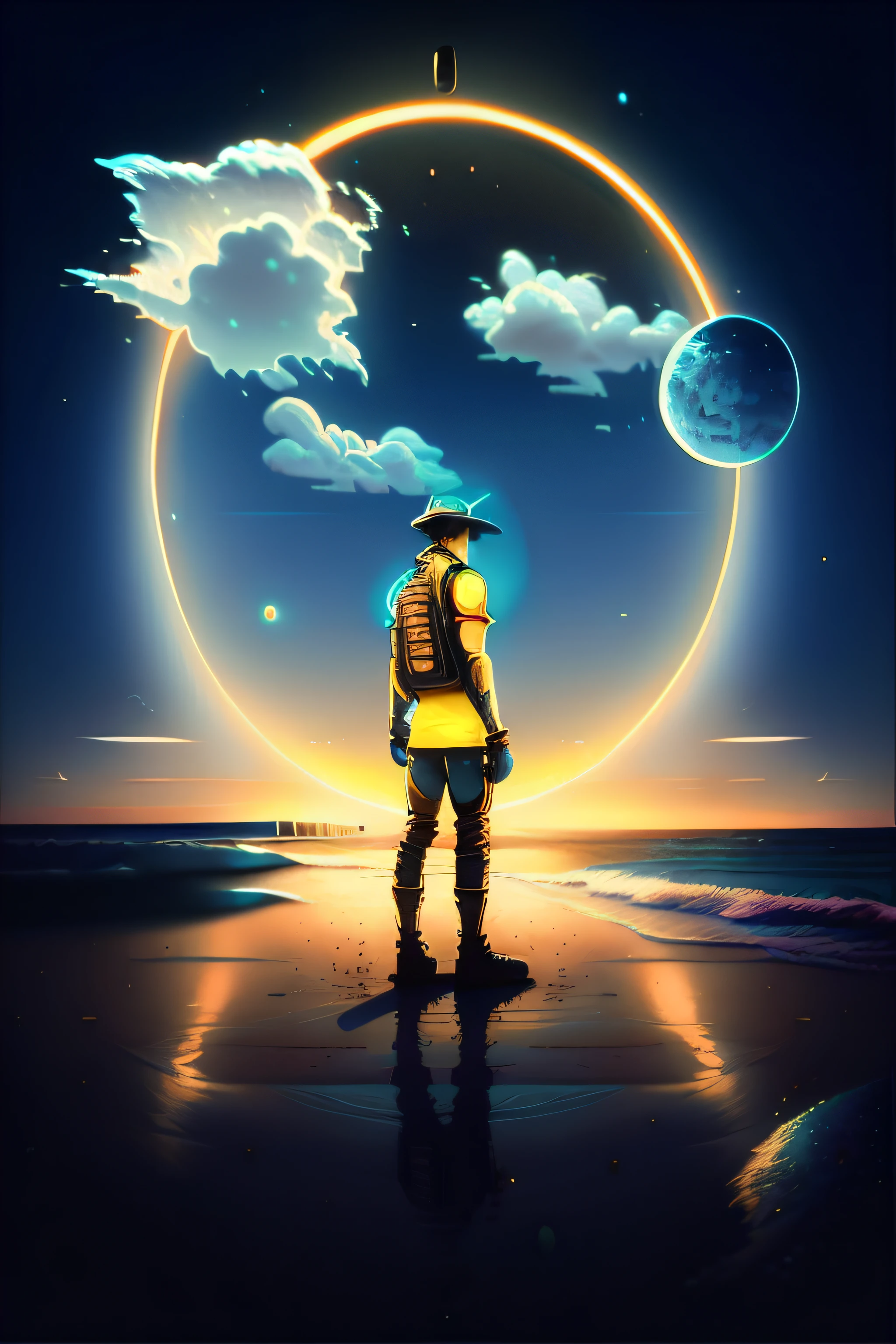 arafed image of a person standing on a beach with a circle in the sky, realism | beeple, profile pic, photomanipulation, beeple style, beeple. hyperrealism, collage style joseba elorza, lense flares, in front of a big moon, recusion beeple, futuristic yellow lens