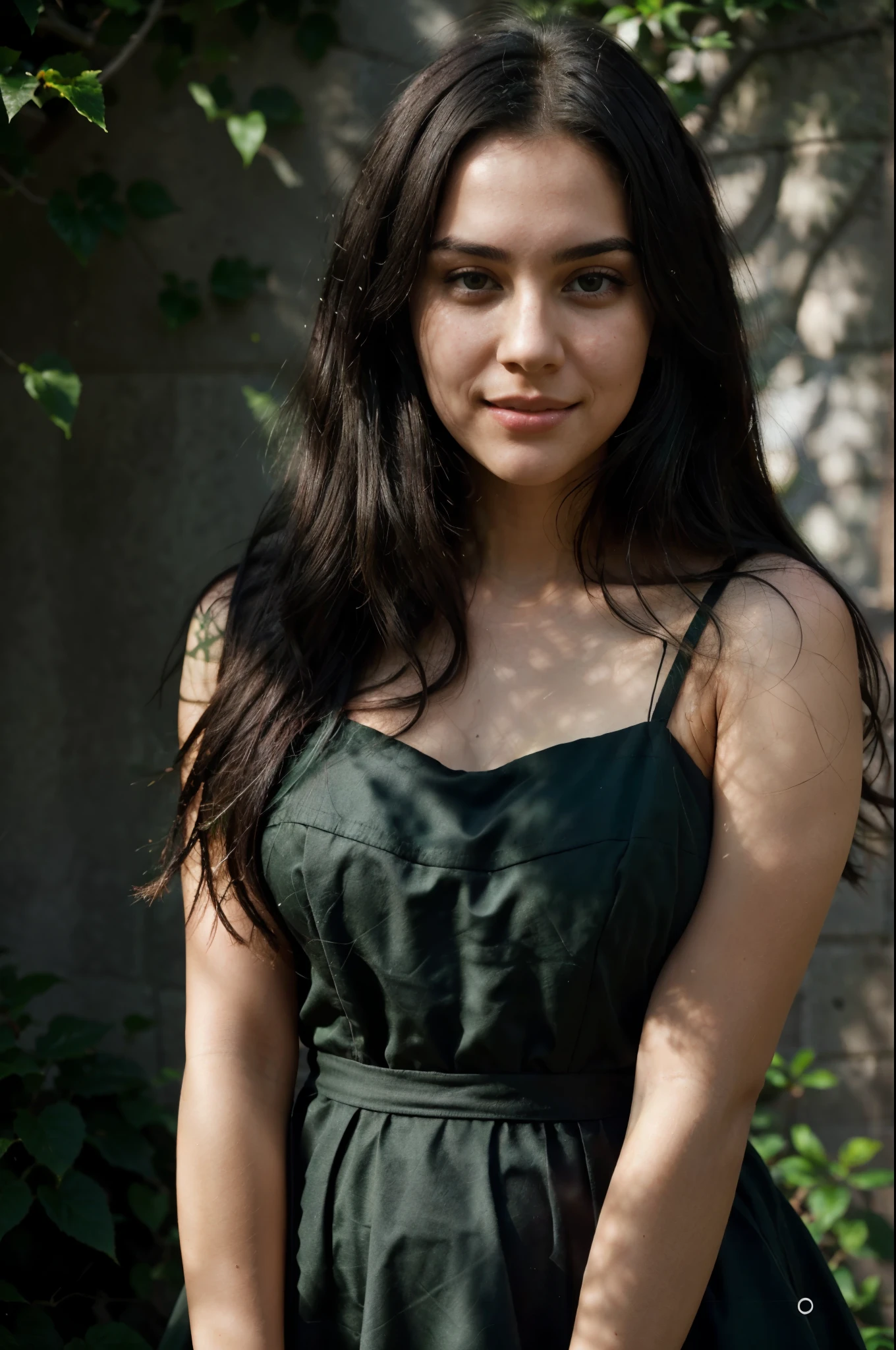 RAW photo, face portrait photo of beautiful 26 y.o woman, cute face, hair transitions from a deep, dark shade of black at the roots to a slightly brighter shade of dark green towards the tips, wearing black dress, happy face, hard shadows, cinematic shot, dramatic lighting, Maintain a medium distance, capturing the subject from waist-up