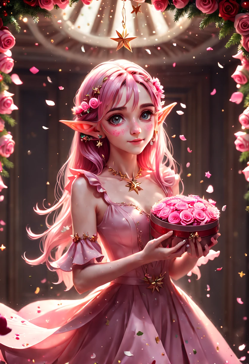a Beautiful Elf, Pointy ears and charming eyes, confetti, falling_petals, floral_print, flower, hair_flower, hair_ornament, interlocked_fingers, jewelry, own_hands_together, pink_dress, rose_petals, presentbox, star hair ornament, gift box, jingle bell, star hair ornament, christmas wreath, Romance, film grain, RAW photo, Cinematic lighting, octane render, (best quality, masterpiece, Representative work, official art, Professional, 8k:1.3)