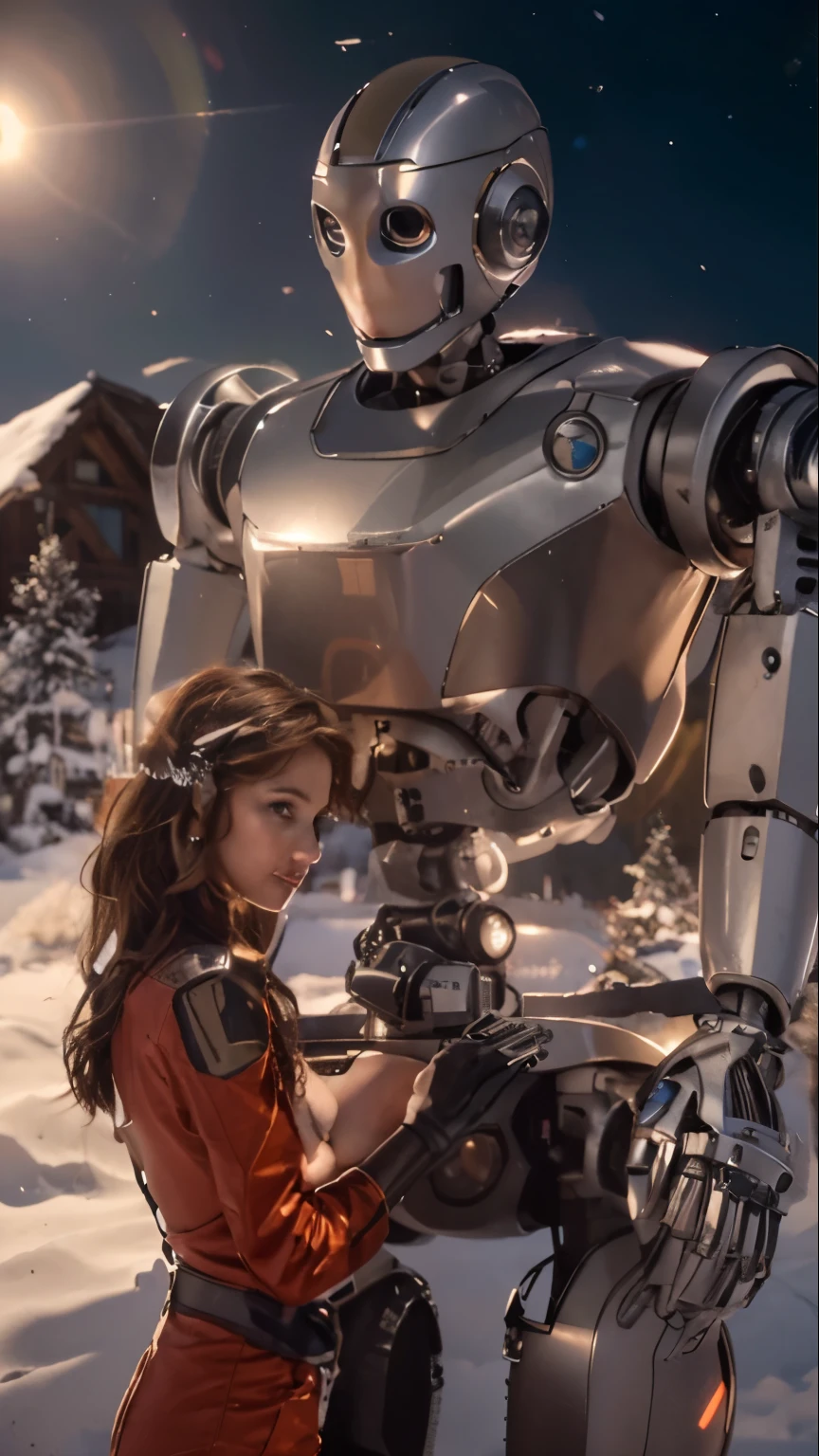 Full body shot, Dutch angle, of An ultra hot gorgeous European woman, age 23, light auburn hair. she's a playmate, men magazine model. She has a subtle smile and flirts with the camera, foreground a robot.
In a snowy village, winter landscape, starry night, northern lights.
She's bent over a robot she's repairing. Her breasts are almost completely exposed, peeking out of her overalls. Perfect anatomy, Perfect eyes, perfect hands, perfect body, perfect hair, perfect breast, accurate, UHD, retina, masterpiece, anatomically correct, textured skin, super detail, high details, high quality, award winning, best quality, highres, 16k, 8k