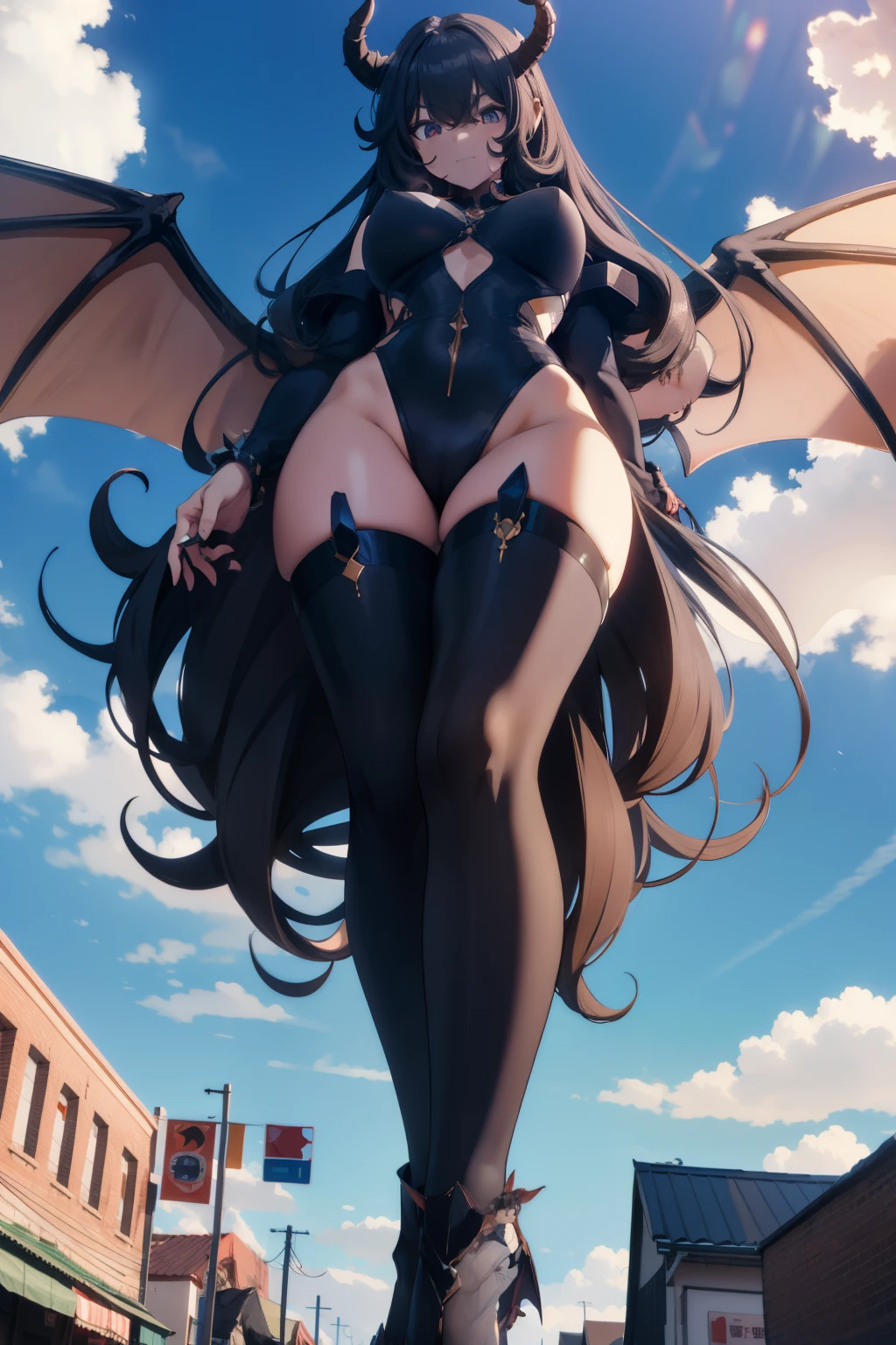 giant girl 50,00000 feet high, Possessing a pair of huge demon wings，Have waist-length hair，Loose hair，Wearing a pair of long bootlack curly hair，A look of enjoyment，Standing tall in a small town crowded with people，side angle