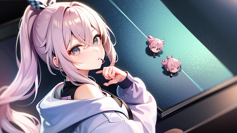 One girl、drill ponytail、PastelColors、Cute、blush, hoodie, listening music, earphone
