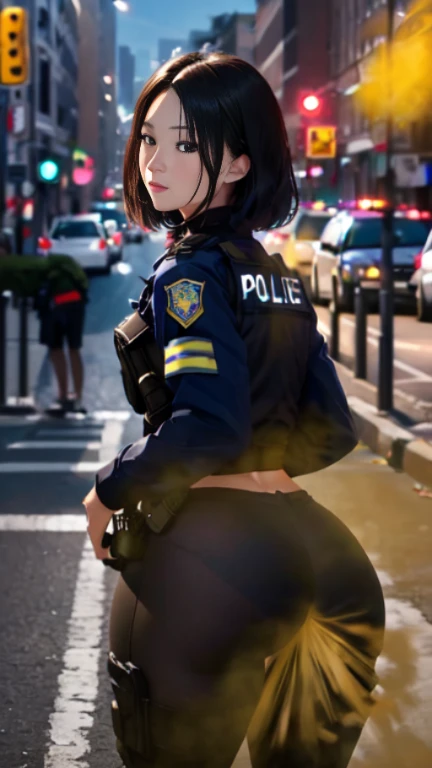 ((velocity)),Attacked by farts, (((Women farting))),(girl farting while stand)),velocity,)(a female police),(wearing a police uniform and tight skirt),(her butt facing screen)) (long black hair),(Asian woman),(crime scene outdoor),(masterpiece:1.2、top-quality, best-quality)、(the Extremely Detailed CG Unity 8K Wallpapers、ultra-detailed、Best Shadows)、(细致背景)、(The best lighting、extremely delicate and beautiful)、depth of fields、1girl in、独奏、upward looking gaze、