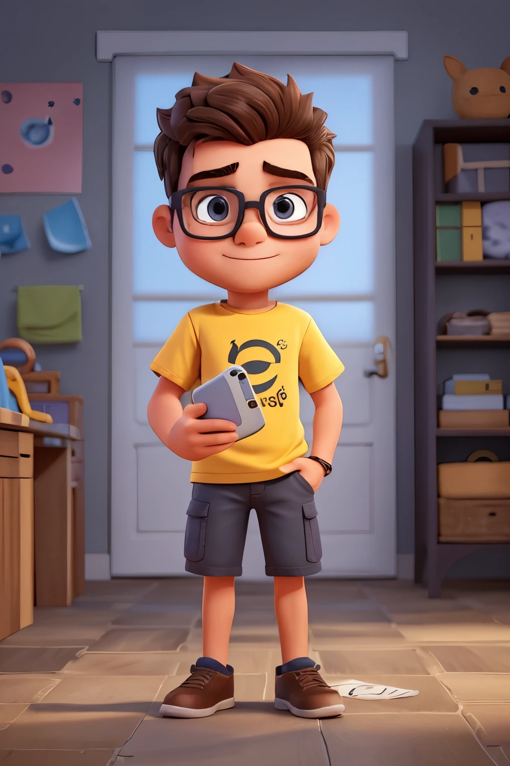 3D illustration of a Caucasian male character wearing square eyeglasses sitting casually over a social media logo and holding a cellphone. O personagem deve ser jovem, usar camiseta amarela, be bald with few gray hairs on the sides of the head, ter pele clara, com olhos levemente puxados. The background of the image is a blurred web page with the name "KinderHausFashion.com.br