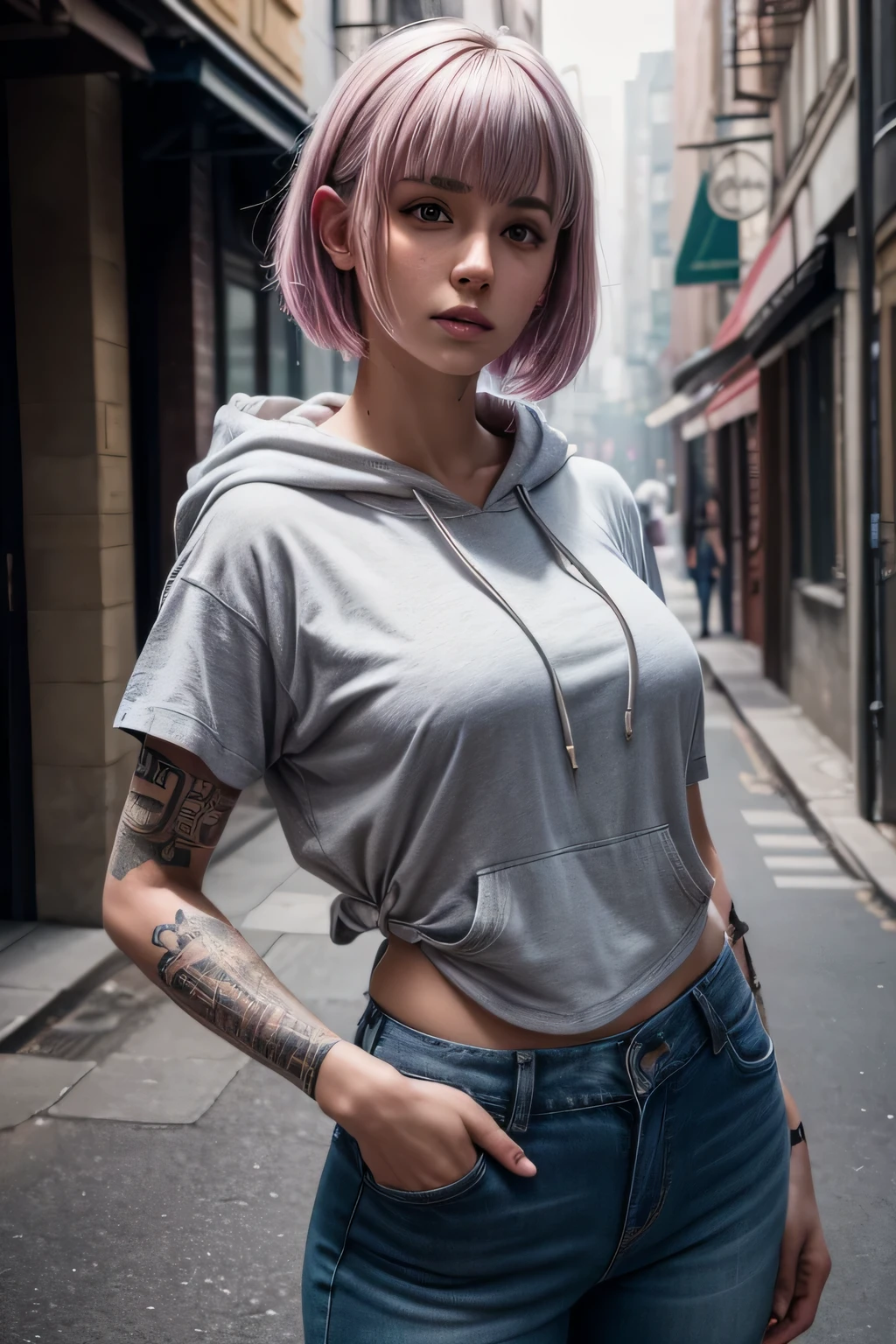 women, hoodie, arm tattoo, portrait, asymmetrical bangs, bandaid, short hair, bangs, breasts, freckles, grey eyes, large breasts, looking at viewer, neck tattoo, nose piercing, pink hair, solo, tattoo on face, upper body, detailed background, town, alley,, photorealistic, photo, masterpiece, realistic, realism, photorealism, high contrast, photorealistic digital art trending on Artstation 8k HD high definition detailed realistic, detailed, skin texture, hyper detailed, realistic skin texture, armature, best quality, ultra high res, (photorealistic:1.4),, high resolution, detailed, raw photo, sharp re, by lee jeffries nikon d850 film stock photograph 4 kodak portra 400 camera f1.6 lens rich colors hyper realistic lifelike texture dramatic lighting unrealengine trending on artstation cinestill 800,