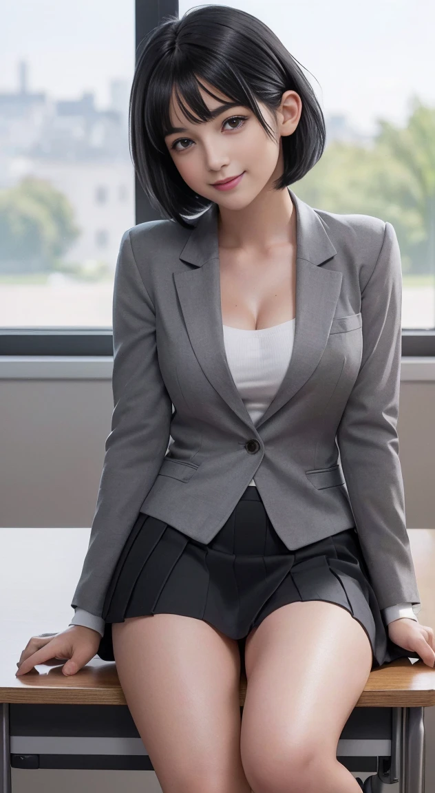 (Top quality, 8K, 32K, Masterpiece, hyper HD: 1.2), 1 girl, beautiful japanese woman, Thin waist, Shiny skin, white suit, Open jacket, Office Lady, suit, Mini skirt, Office, desk, (Spread legs: 1.2), Fine face, Short hair, rain on her face, mouth open