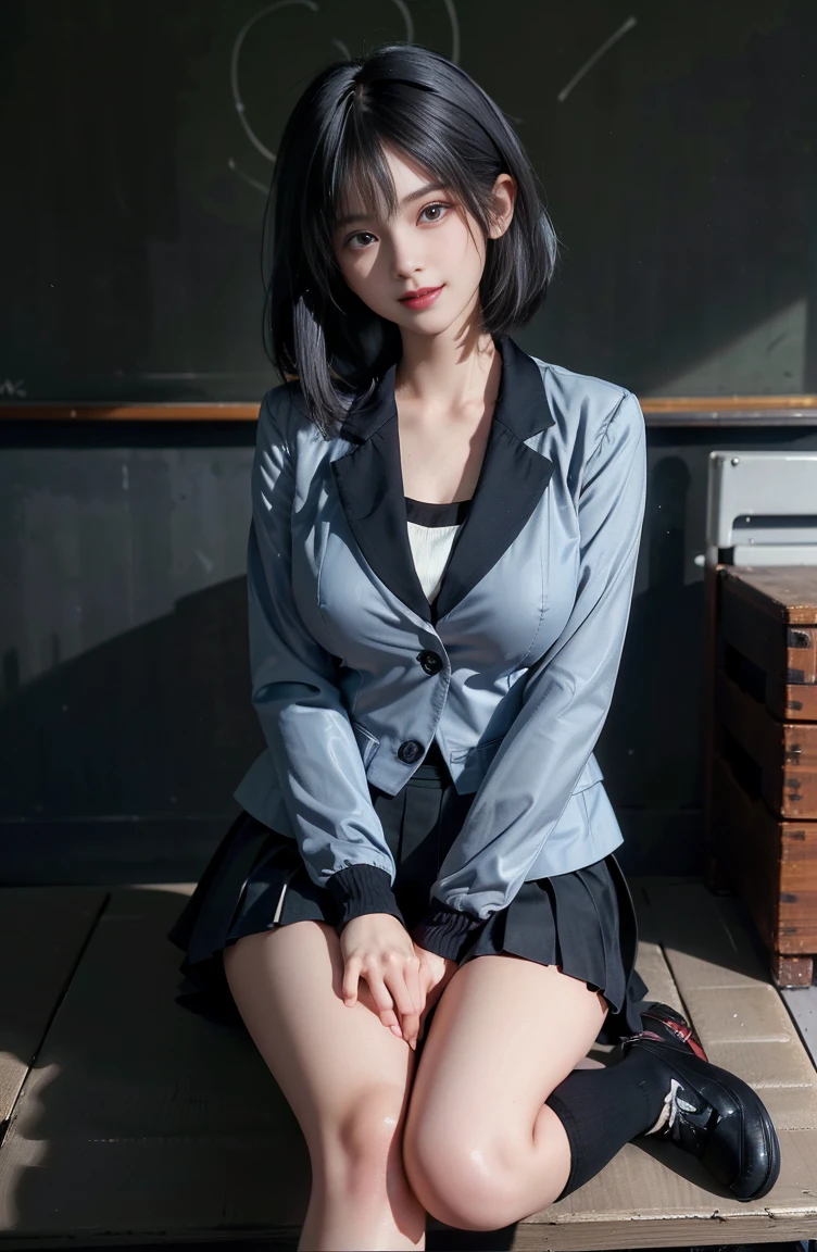 anime, estilo anime de mujer realist, (charming monkey: 1), 18 year old girl, (gray blazer, tape, folding mini skirt, socks, private school uniform: 1.2), secondary classroom, beautiful details of the eyes, (eye size: 3/4) face light, ((full body photo: 1.2)), particularly strong light, (upper grade, smile: 1.2), shiny skin, (((black hair, cabello bob: 1.2))), (thick thighs), Ulchan-6500-v1.1: 0.2, shy, (flash: 1.2), NSFW , (swollen), ((seductive posture: 1.2, Charm: 1.2)), (inactive), (sitting at the desk in the classroom: 1.2)), ((excellent ???????: 1.2)), ((Bright and refreshing classroom, blurred background: 1.2)), perfect face, Cute and symmetrical face, (high angle shot: 1.2)s., natural side lighting, ((8K, photo raw, excellent quality, masterpiece), High-resolution RAW color photos Professional close-up photos, (realist, photorealism: 1.37), (highest quality), (best shadow best illustration), clavicle ((big thing)), ((??????, sexy, ultra high resolution, 8K HD unified CG wallpaper, physical manifestation, movie lighting), canon eos r50 camera 50mm lens