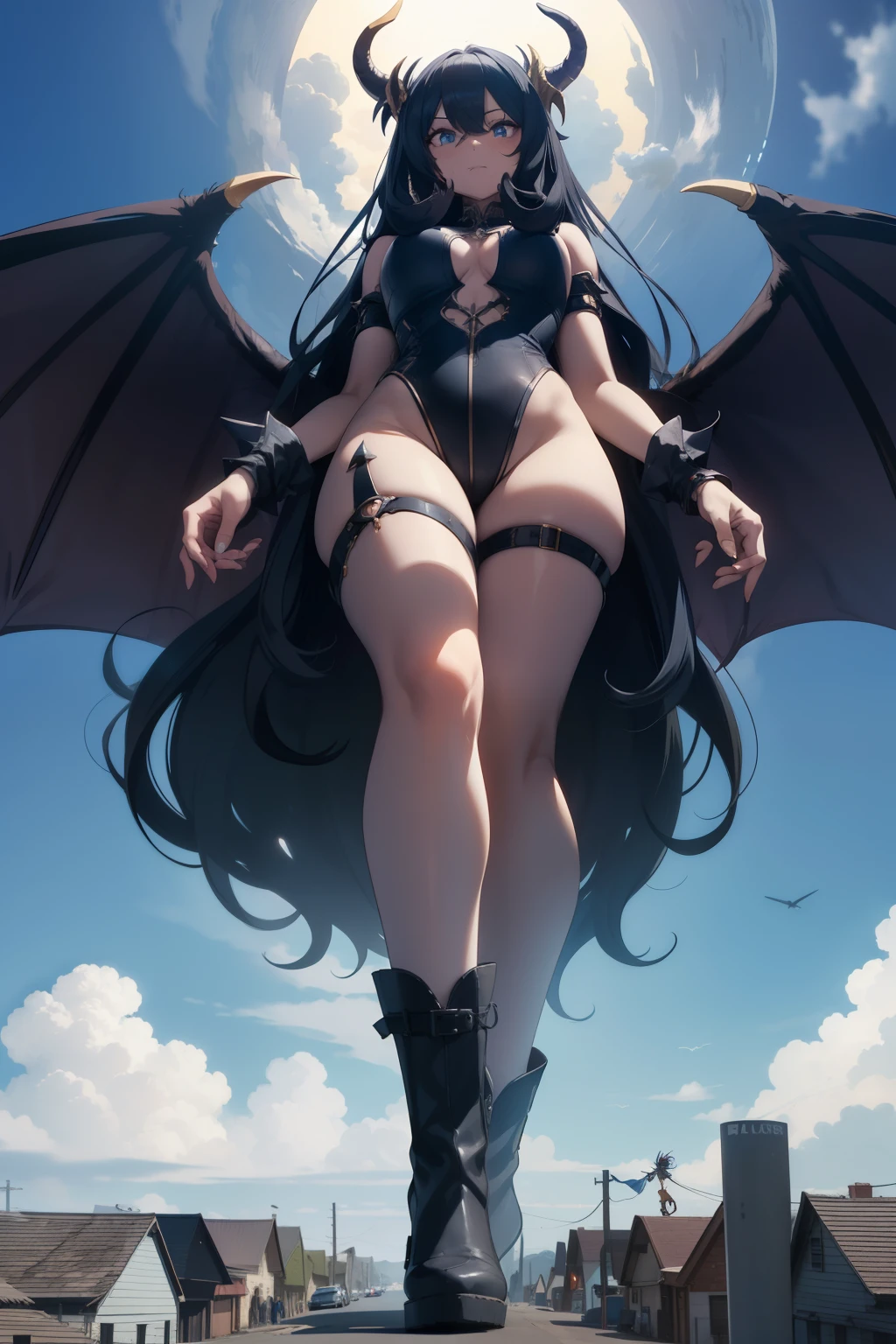 giant girl 50,00000 feet high, Possessing a pair of huge demon wings，Have waist-length hair，Loose hair，Wearing a pair of long bootlack curly hair，A look of enjoyment，Standing tall in a small town crowded with people, destroying them wantonly