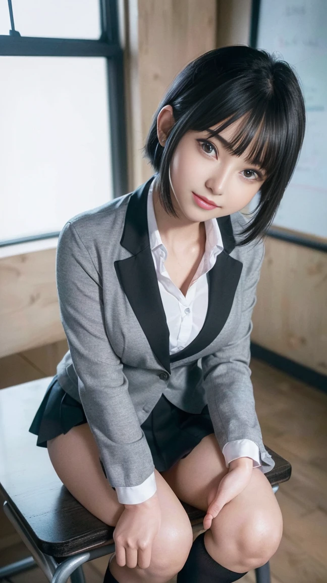 anime, estilo anime de mujer realist, (charming monkey: 1), 18 year old girl, (gray blazer, tape, folding mini skirt, socks, private school uniform: 1.2), secondary classroom, beautiful details of the eyes, (eye size: 3/4) face light, ((full body photo: 1.2)), particularly strong light, (upper grade, smile: 1.2), shiny skin, (((black hair, cabello bob: 1.2))), (thick thighs), Ulchan-6500-v1.1: 0.2, shy, (flash: 1.2), NSFW , (swollen), ((seductive posture: 1.2, Charm: 1.2)), (inactive), (sitting at the desk in the classroom: 1.2)), ((excellent anatomy: 1.2)), ((Bright and refreshing classroom, blurred background: 1.2)), perfect face, Cute and symmetrical face, (high angle shot: 1.2)s., natural side lighting, ((8K, photo raw, excellent quality, masterpiece), High-resolution RAW color photos Professional close-up photos, (realist, photorealism: 1.37), (highest quality), (best shadow best illustration), clavicle ((big thing)), ((erotic, sexy, ultra high resolution, 8K HD unified CG wallpaper, physical manifestation, movie lighting), canon eos r50 camera 50mm lens