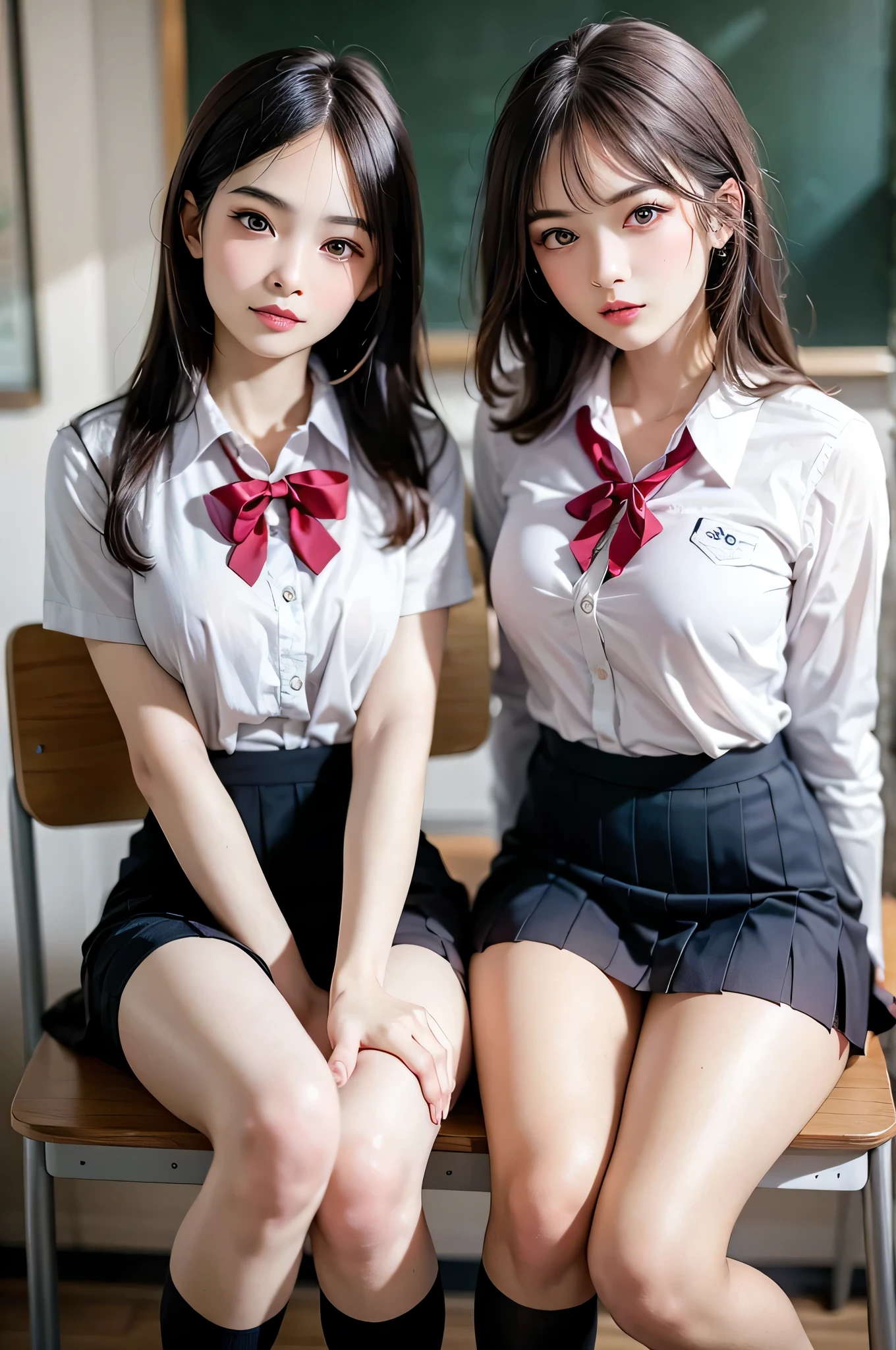 (2young girls), beautiful girl with beautiful details, Raw photo, (Best Quality:1.2), 8K, high details, hight resolution, With the highest quality, High-definition raw color photos, professional photograpy, (Fine face:1.2), (hi-school uniform with open chest:1.5), pleated skirt, indoors, classroom, desk, chair, sitting, (Open mouth), ((legs spread)), (panties:1.3), depth of fields,