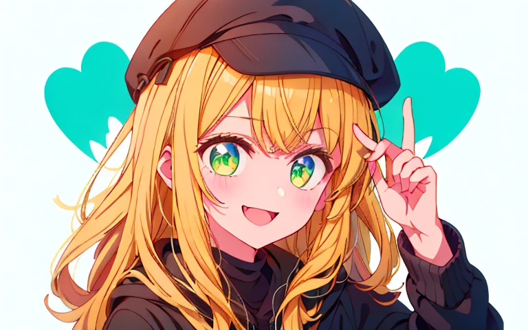 blonde、green eyes、wavy hair、smile、black hoodie、hat、white background、simple background
