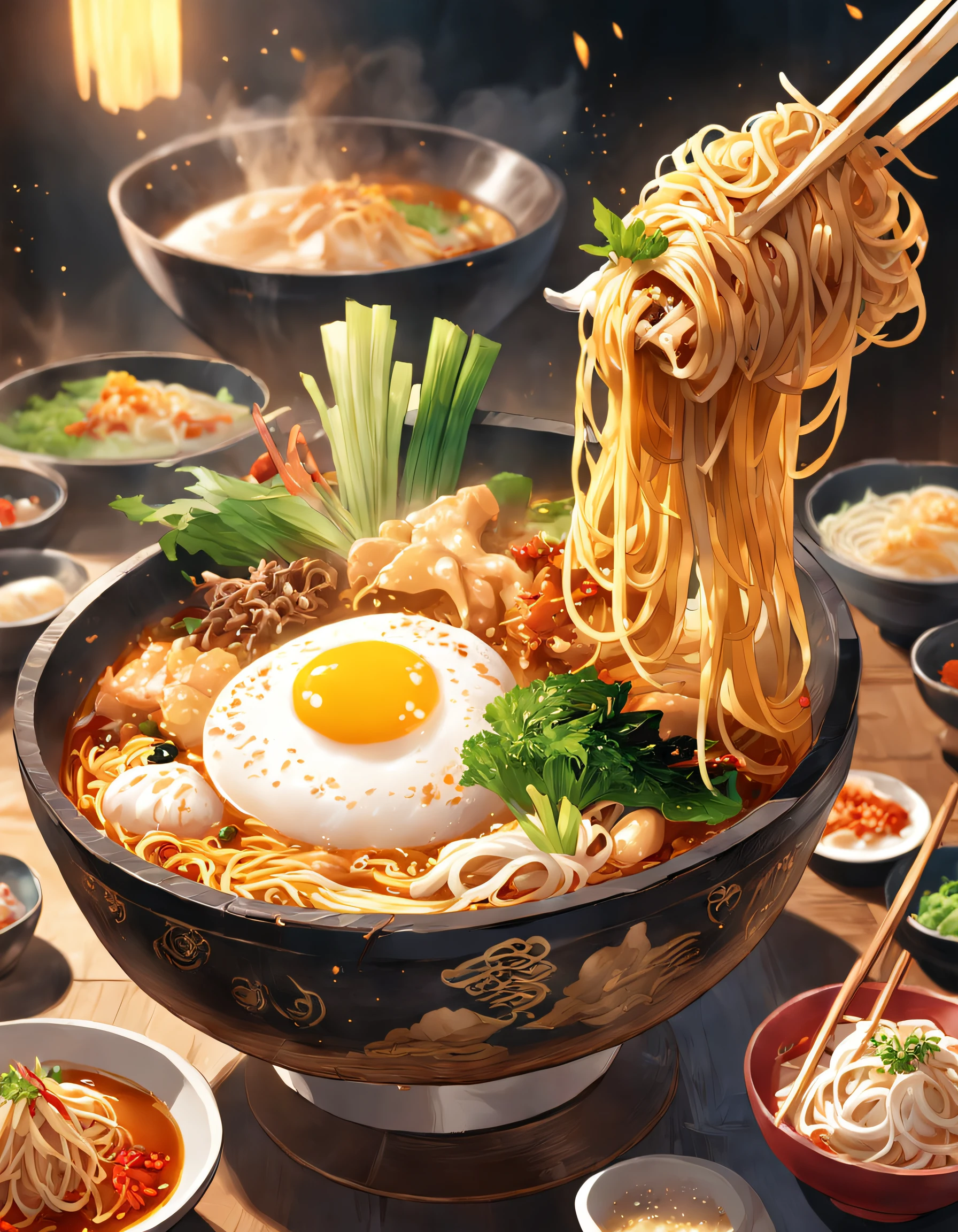 Delicious and tempting spicy noodles,Plenty of fresh vegetables,The aroma of poached eggs fills the air,Brown conch delicious and tasty,The taste of pepper very strong,Yellow bamboo shoots are crispy, tender and deliciouungus has a delicate taste,Tofu brain has a good aftertaste,The noodles picked up with chopsticks are fragrant。illustration