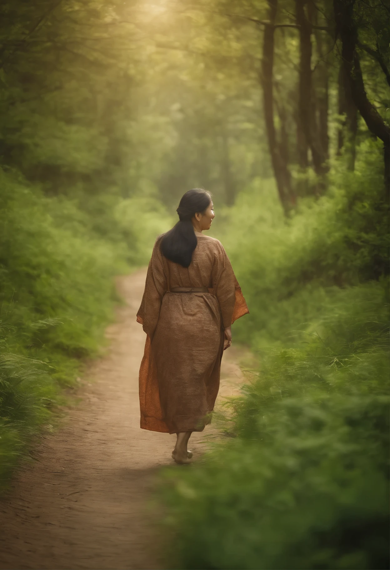 An elderly Korean woman walking barefoot on a green forest path, A peaceful smile appears on your face, Surrounding her is a natural environment filled with oxygen-filled green trees and blooming flowers..