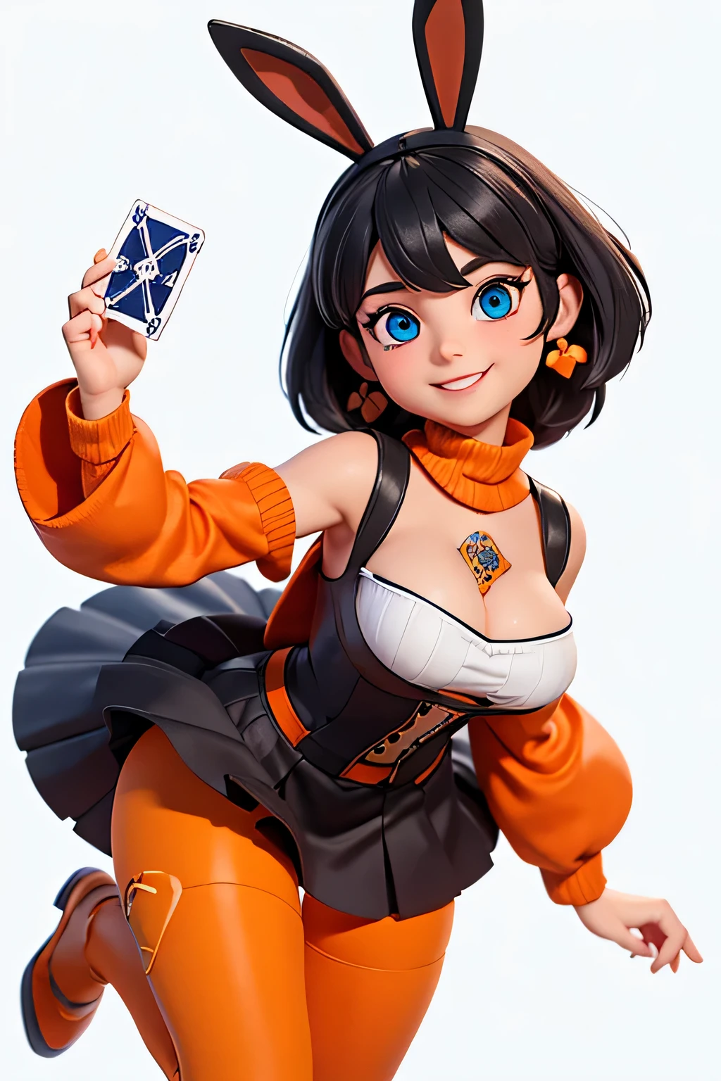 a girl,8k highly detailed, casual games, , 3D art style, whole body image,White background,big eyes,black hair,Lovely,Orange decoration,mature woman,blue eyes,playing cards in hand,Detailed depiction,8K resolution,low cut,bunnygirl,Smile,orange tights,