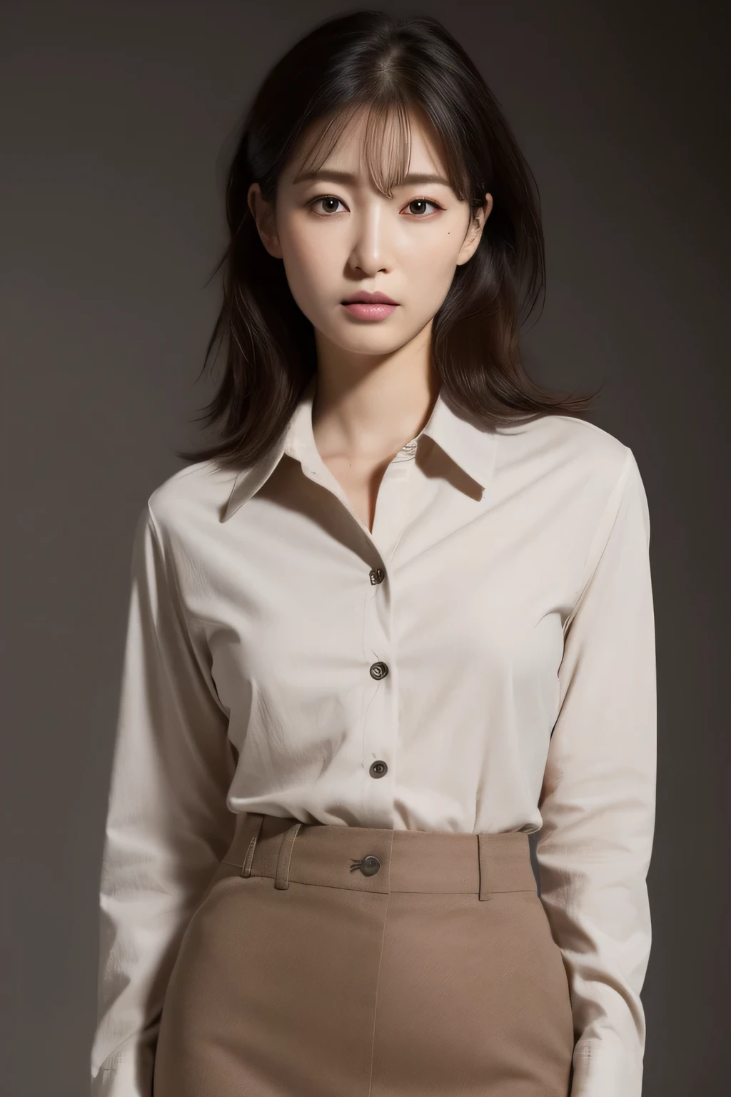 ultra high resolution, masterpiece, rough skin, very detailed, Photoreal, professional lighting, written boundary depth, sharp,
gray background, (japanese mature, 20-year-old), women sexy, detailed face, beautiful eyes, bangs, well-shaped small breasts, light brown long straight hair, faint lips, ((stand in front、look at the audience, serious face eyes.)), buttoned shirt, skirt, full body photo, cowboy shot