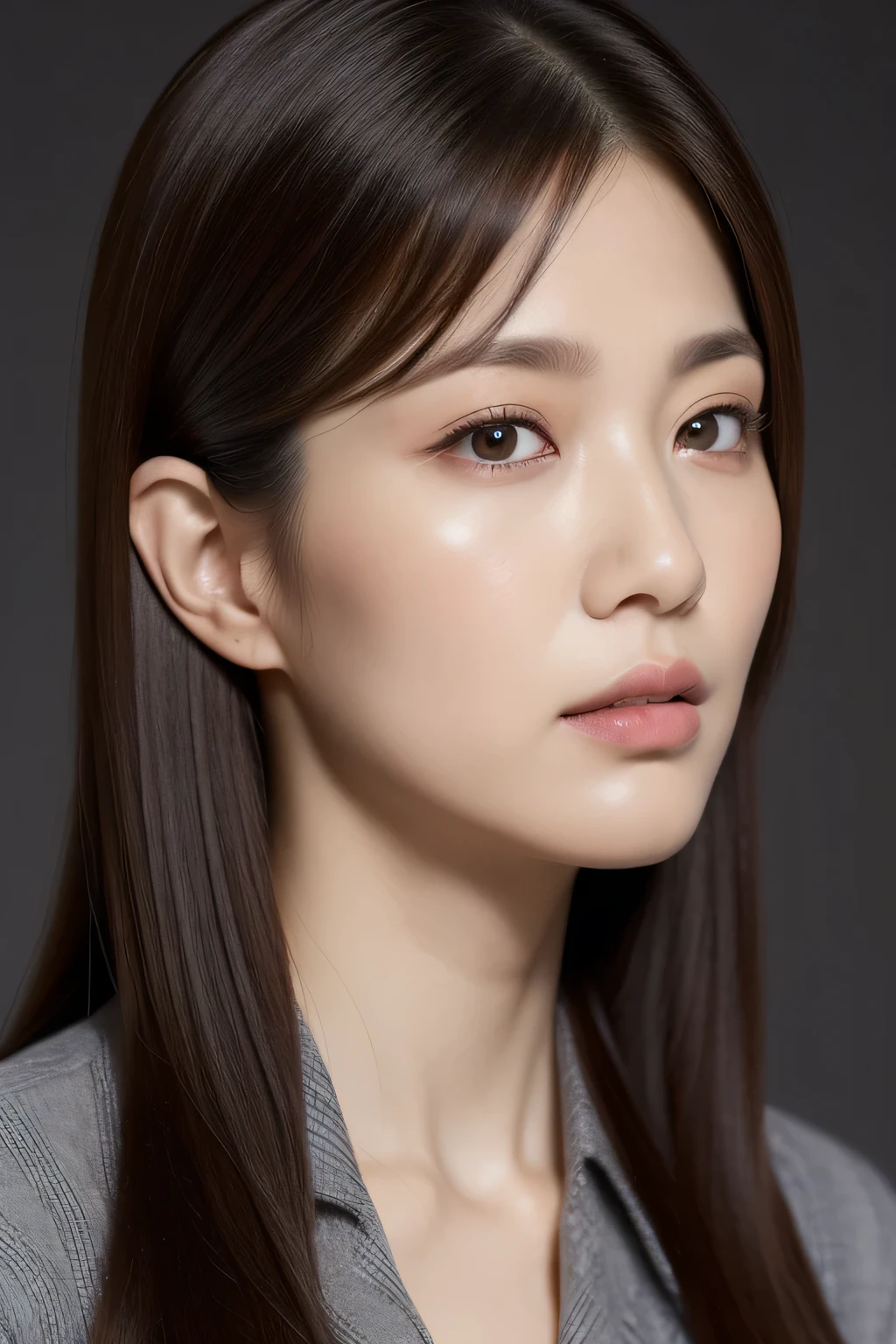 ultra high resolution, masterpiece, rough skin, very detailed, Photoreal, professional lighting, written boundary depth, sharp,
gray background, (japanese mature, 20-year-old), women sexy, detailed face, beautiful eyes, bangs, well-shaped small breasts, light brown long straight hair, faint lips, ((stand in front、look at the audience, serious face eyes.)), buttoned shirt, skirt, full body photo, cowboy shot