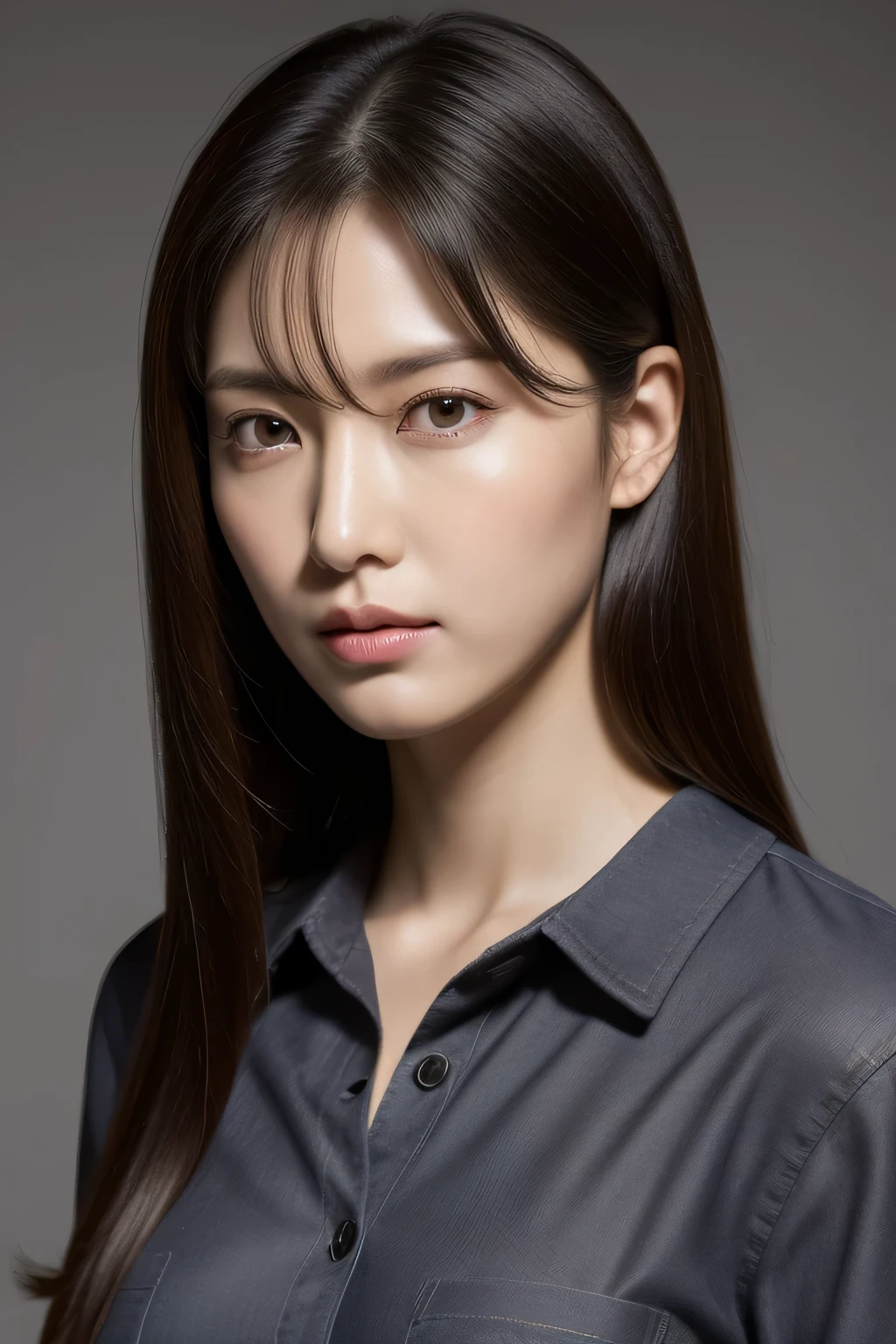 ultra high resolution, masterpiece, rough skin, very detailed, Photoreal, professional lighting, written boundary depth, sharp, 
gray background, (japanese mature, 20-year-old), women sexy, detailed face, beautiful eyes, bangs, well-shaped small breasts, light brown long straight hair, faint lips, ((stand in front、look at the audience, serious face eyes.)), buttoned shirt, skirt, full body photo, cowboy shot