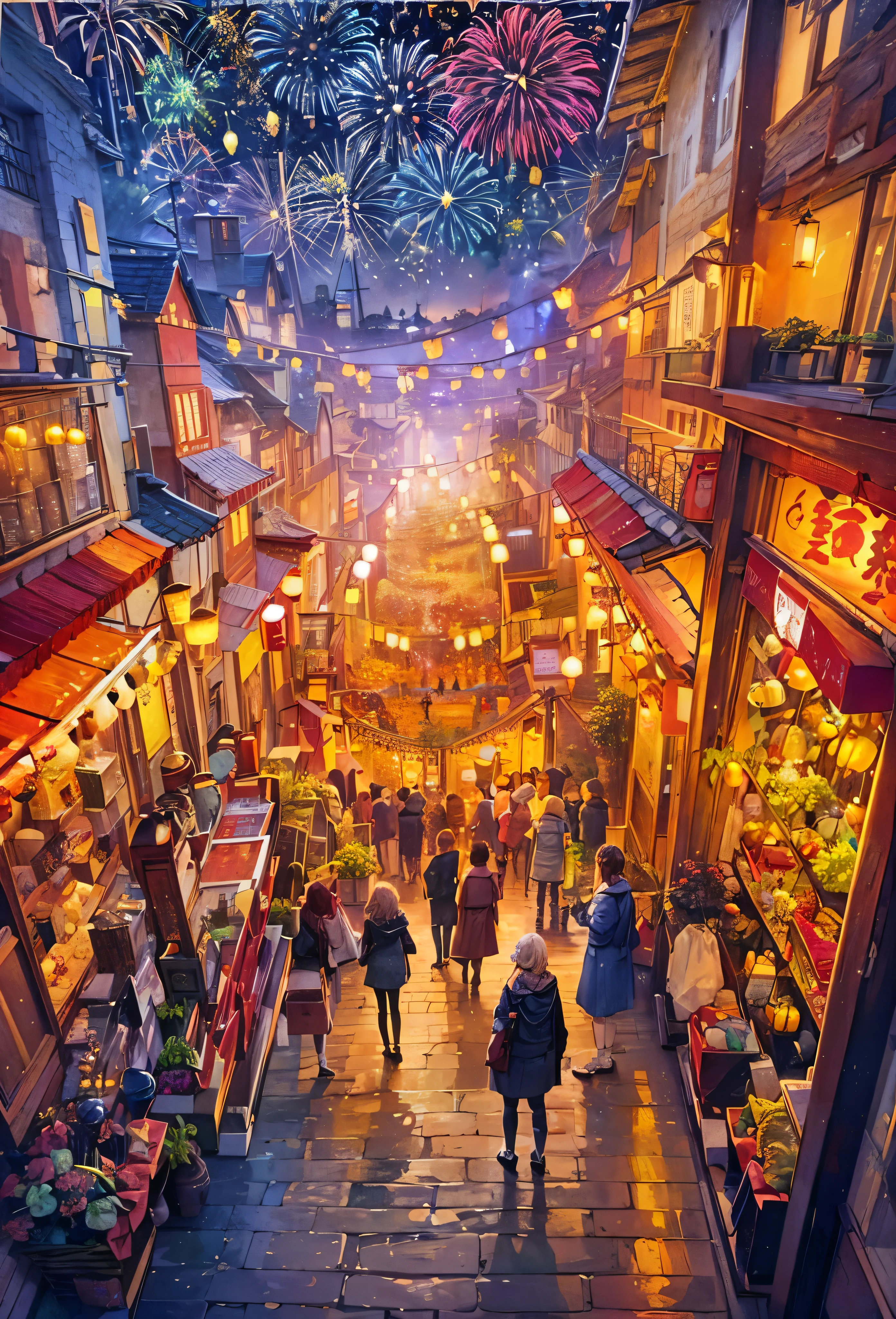 (Vision:1.8), ((in the winter)),(new year'Day),((Fireworks in the night sky:1.7)),((Fireworks bloom,many fireworks)),Quaint European village,(corner flower shop:1.5),Beautiful flowers,illuminate warmly,(Filled with many colorful lanterns and new year decorations:1.8),(Girl in down jacket standing on charming cobblestone street:1.2), Bathed in the warm glow of street lights,(Vines decorated with bright flowers climb up rustic buildings), Create scenes with natural beauty,The air filled with the scent of flowers from a nearby flower shop.,(Depicted in sophisticated vector illustration style and flat style),highest quality,8k,high resolution,masterpiece:1.2,Super detailed,high dynamic range imaging,ultra high definition,studio lighting,Super detailed painting,sharp focus,Physically based rendering,extremely detailed description,professional,Bright colors,stylized:Vector illustration