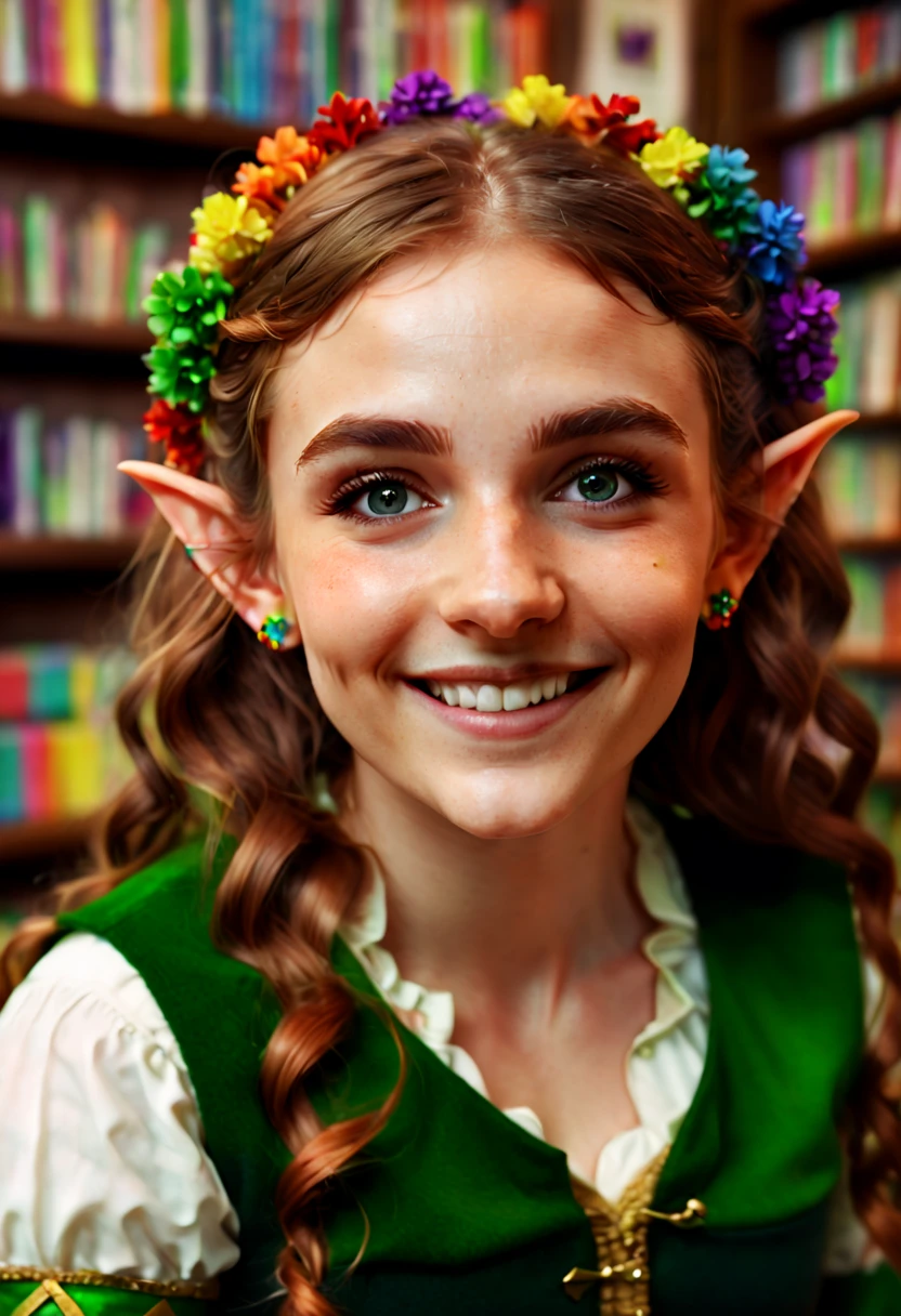 a Beautiful Elf, Pointy ears and charming eyes, Cute female leprechaun smiling, beautiful facial features,Complements flowing hair, Rainbow filled with clovers, geometry, portrait, art bookstore, beautiful and Aesthetic, Romance, film grain, RAW photo, Cinematic lighting, octane render, (best quality, masterpiece, Representative work, official art, Professional, 8k:1.3)