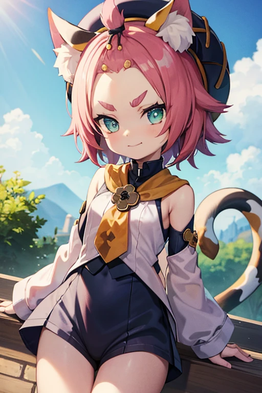 catgirl, bottomless, 10 years old, furrowed eyebrows, smirk, loli, outside, tail, detached sleeves, hat,