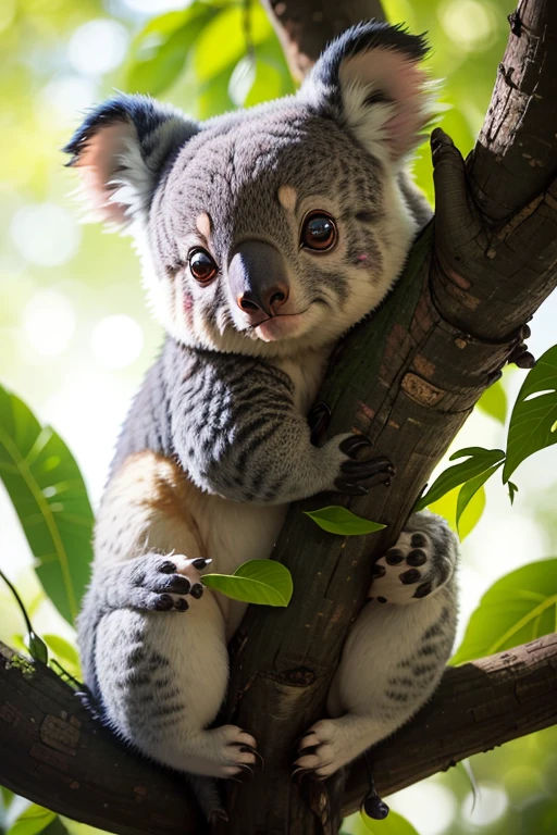 best quality, highres, ultra-detailed, vivid colors, bokeh, cute koalas, detailed fur texture, beautiful detailed eyes, fluffy ears, unique tree branches, soft sunlight, lush green leaves, peaceful atmosphere, Australian wildlife, natural habitat