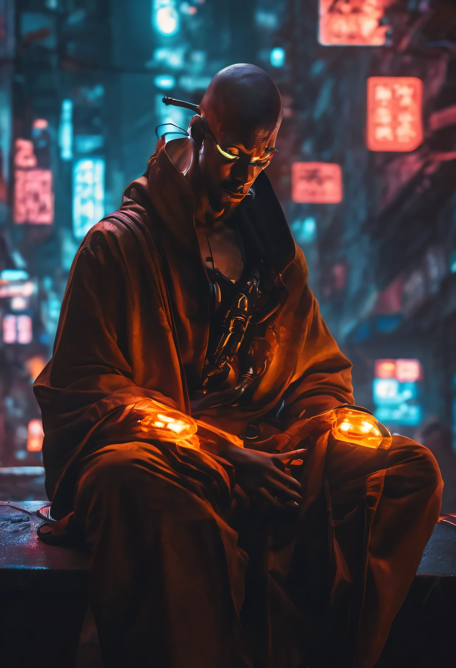 cyberpunk, monk, chillin in the city, preying with mala, UHD wallpaper, glowing light eyes, Biomechanical,