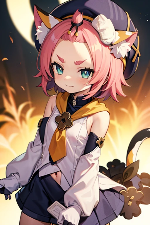 catgirl, bottomless, 10 years old, furrowed eyebrows, smirk, loli, outside, tail, detached sleeves, hat,