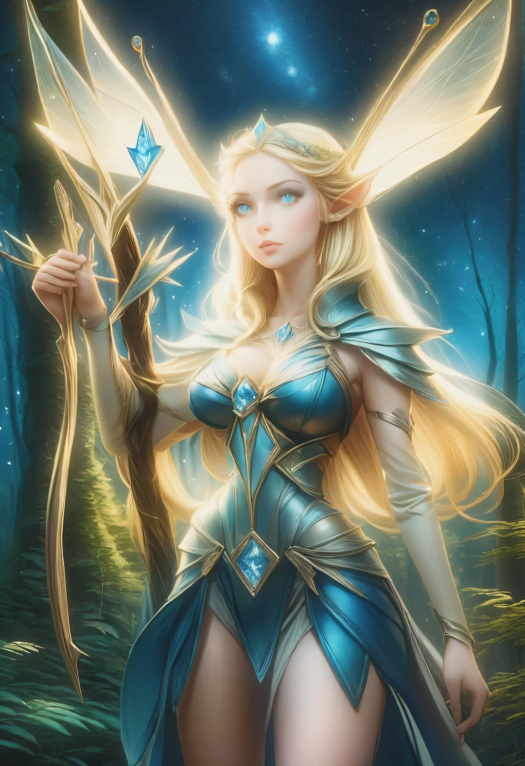 Germanic mythological fairy tale princess full of hope，Blonde, Has slightly long pointed ears, With a bow and arrows, blonde hair and blue eyes, and tall humanoid figures of the Germanic people.. Blonde的日耳曼仙女美得令人难以置信, starry night，Standing in the deepest part of the forest,