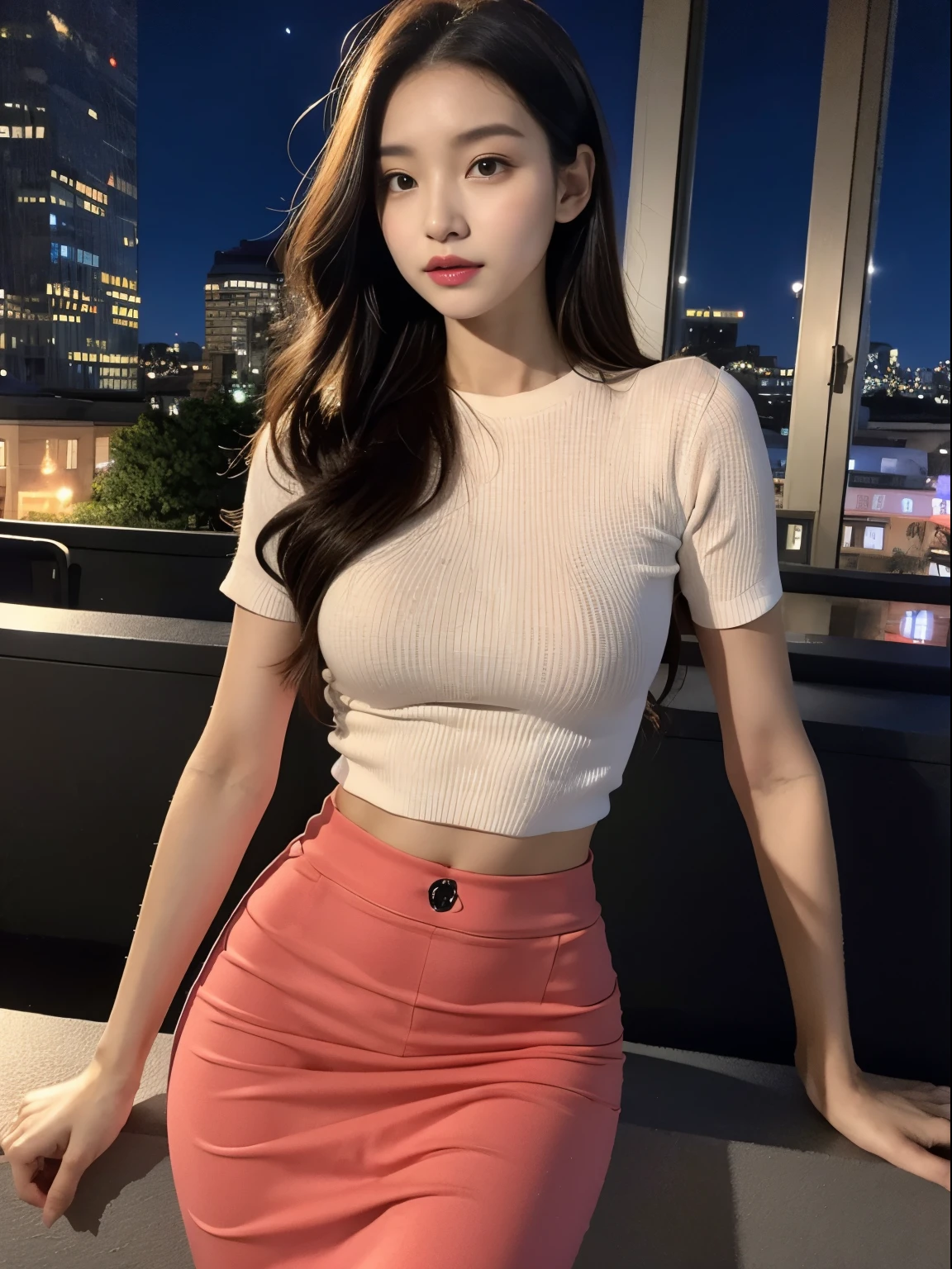 ((midynight, Acura, 8K, tmasterpiece: 1.3)), full bodyesbian, long legeocalors: 1.2, perfect figure beautiful woman: 1.4, Slim abs: 1.1, (dark brown hair,: 1.2 )), (Pink skinny T-shirt, short skirt,sitting on a stool: 1.2), (city night scene, the roof: 1.3)), Highly Detailed Face and Skin Textur, detailedeyes, 二重まぶた,
