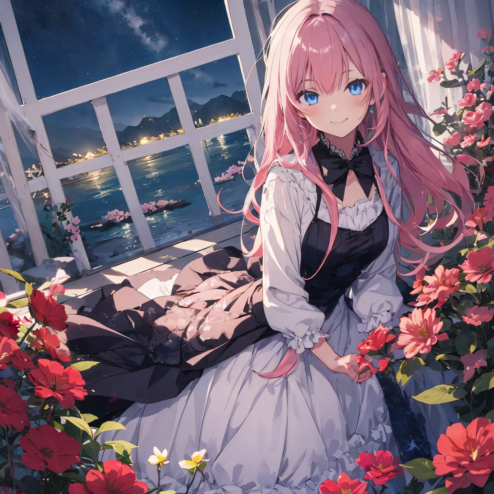 anime, 1 girl, blue eyes, 15 years old, cute face, long hair, Pretty dresses, 4K, high definition ultra, pink hair, smile, whole body, Night sky with river and beautiful flowers