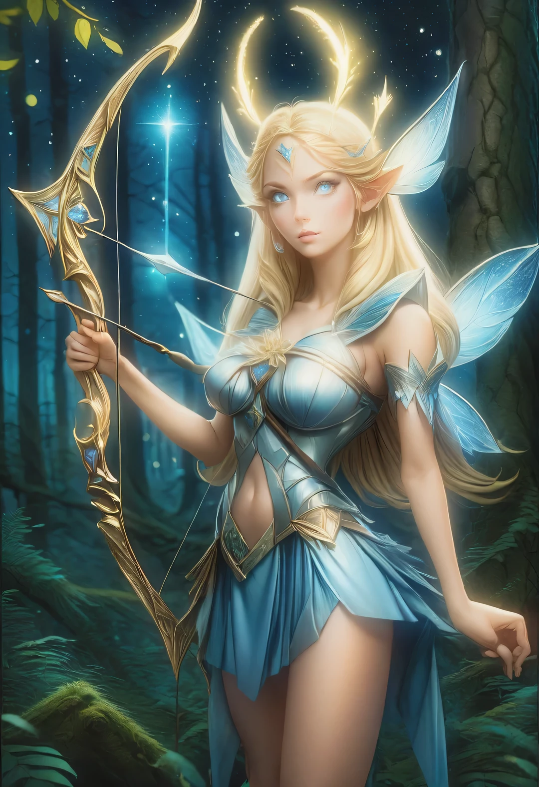 Germanic mythological fairy tale princess full of hope，Blonde, Has slightly long pointed ears, With a bow and arrows, blonde hair and blue eyes, and tall humanoid figures of the Germanic people.. Blonde的日耳曼仙女美得令人难以置信, starry night，Standing in the deepest part of the forest,