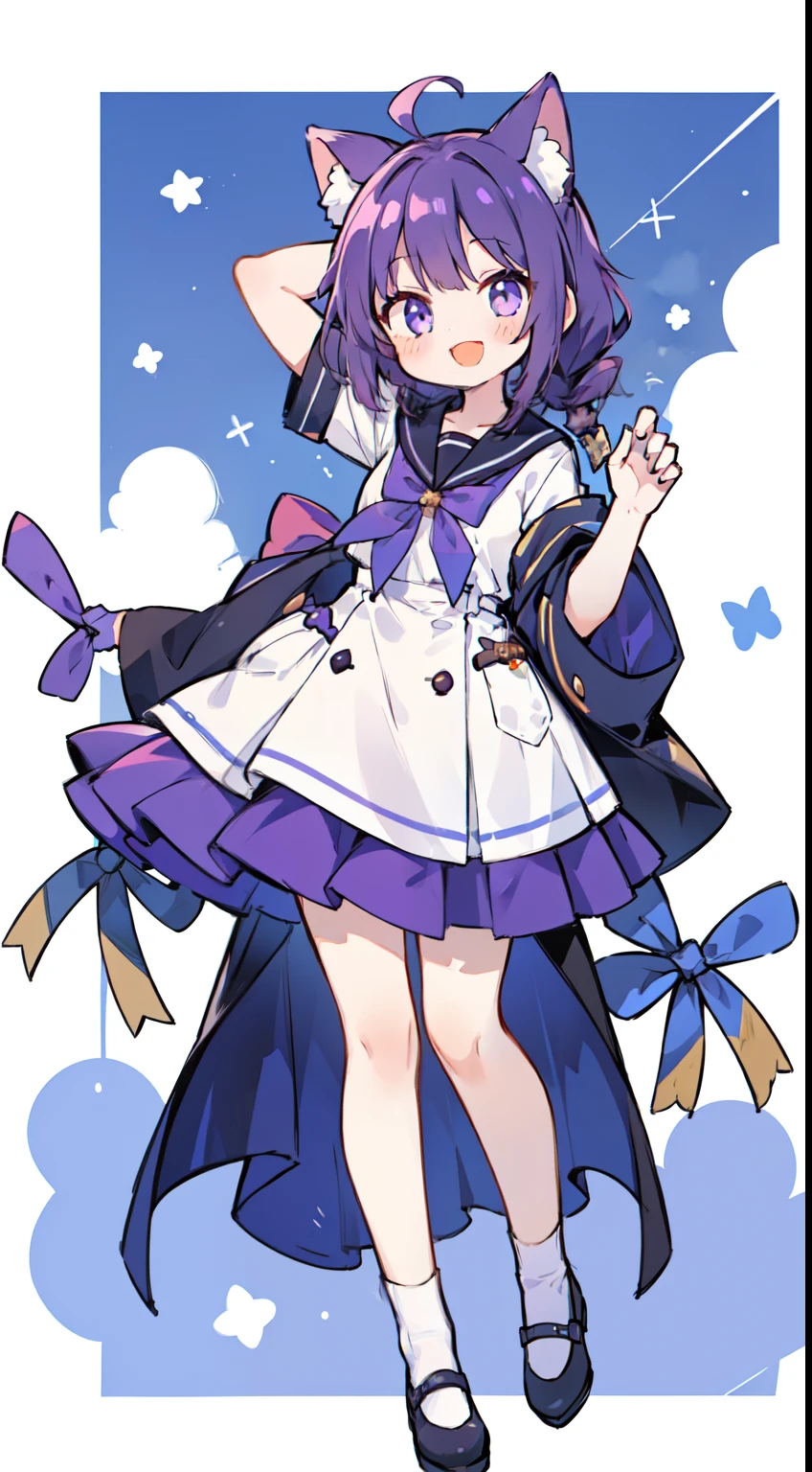 1 girl in、((full body Esbian、Standing picture:1.2)), top-quality、masutepiece、Purple hair, Longhaire, ((Two knots)), Cat's earlack sailor suit、Purple Ribbon、A smile、Cat Pose、A smile that opens its mouth a little、white backgrounid