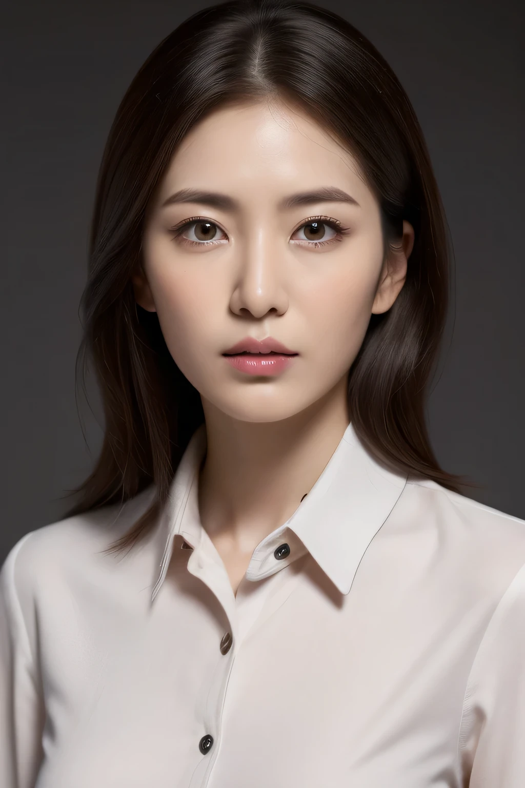 ultra high resolution, masterpiece, rough skin, very detailed, Photoreal, professional lighting, written boundary depth, sharp,
gray background, (japanese mature, 20-year-old), women sexy, detailed face, beautiful eyes, bangs, well-shaped small breasts, light brown long straight hair, faint lips, ((stand in front、look at the audience, serious face eyes.)), buttoned shirt, skirt, full body photo, cowboy shot