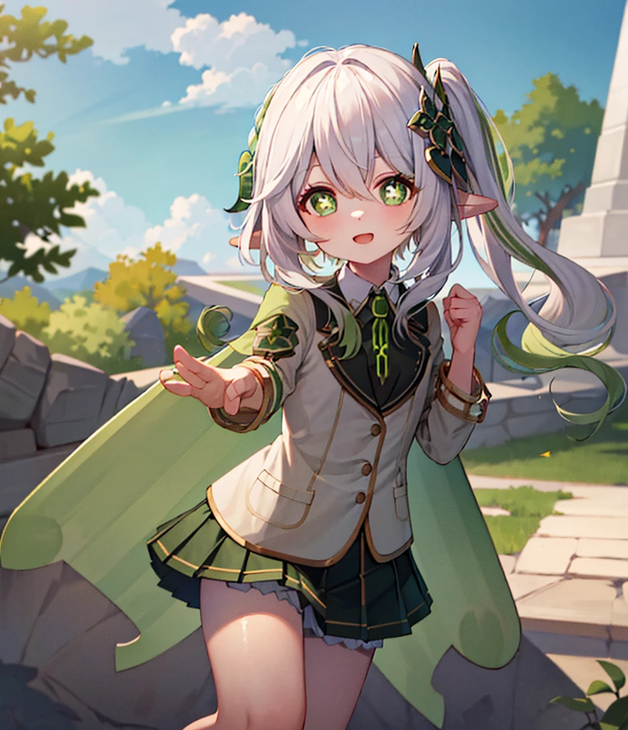 masterpiece, best quality, 1girl, solo, nahida_genshin, cross-shaped pupils, school uniform, green tie, blazer, pleated skirt, green cape, standing