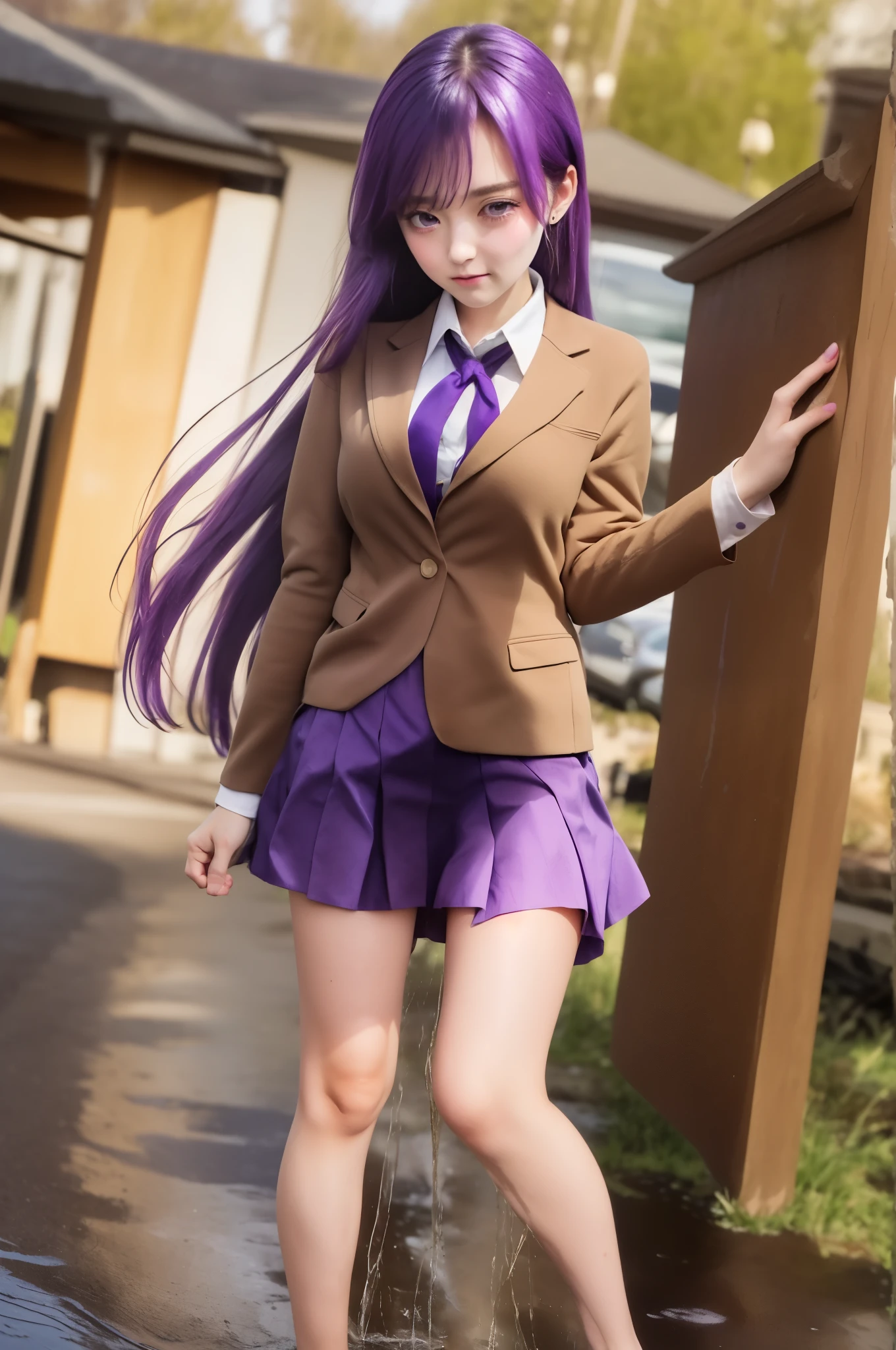 masterpiece, best quality, highly detailed, cowboy shot, 1girl, solo, yuri, purple eyes, purple hair, long hair, hairclip, [[large breasts]], school uniform, blazer, brown sweater, collared shirt, neck ribbon, blue skirt, standing, fullbody, expressionless, sad, crying, tear, blush, outdoor, peeing self, peeing girl, pee stain, pee stream, dirty skirt, wetting, puddle of pee