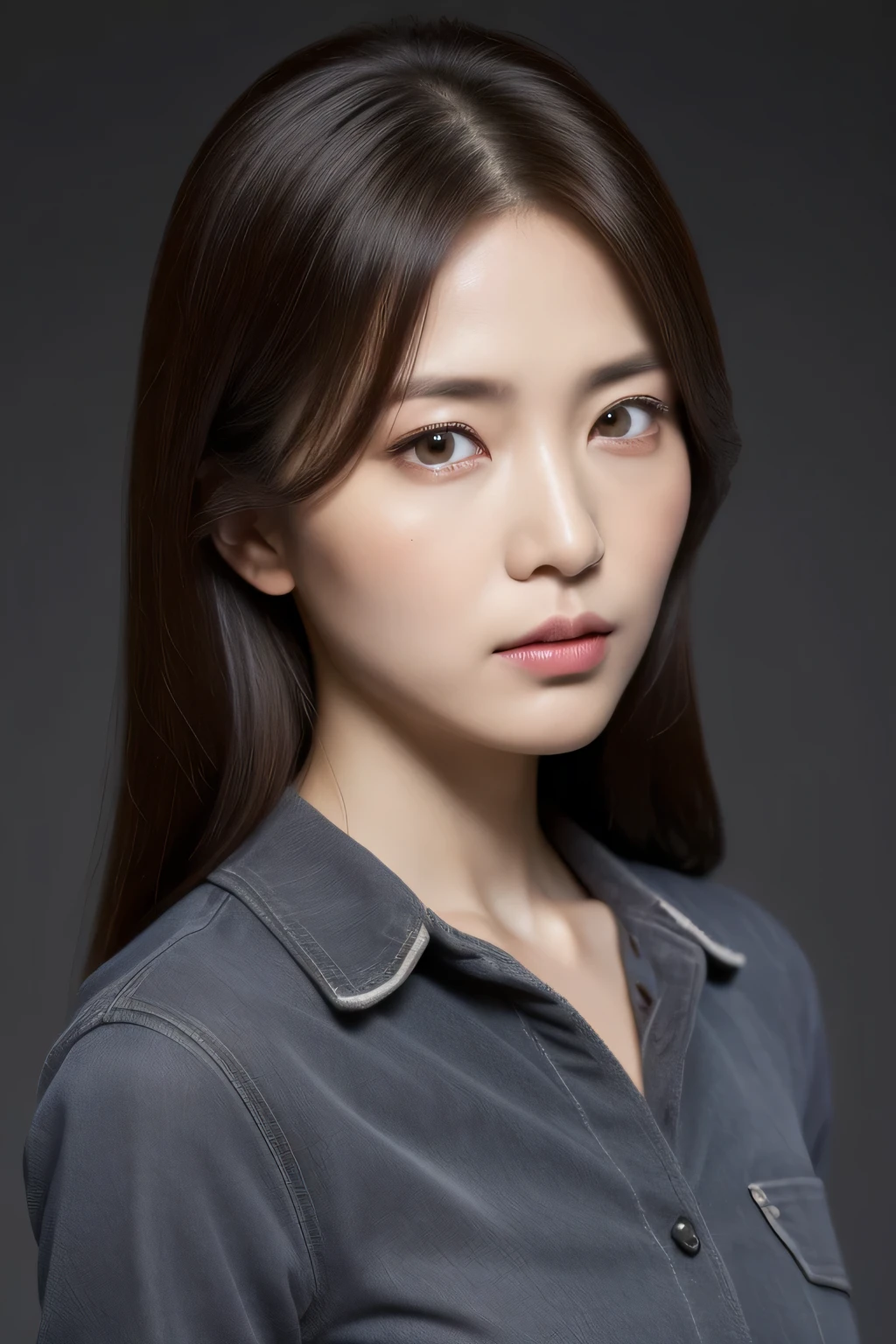ultra high resolution, masterpiece, rough skin, very detailed, Photoreal, professional lighting, written boundary depth, sharp,
gray background, (japanese mature, 20-year-old), women sexy, detailed face, beautiful eyes, bangs, well-shaped small breasts, light brown long straight hair, faint lips, ((stand in front、look at the audience, serious face eyes.)), buttoned shirt, skirt, full body photo, cowboy shot