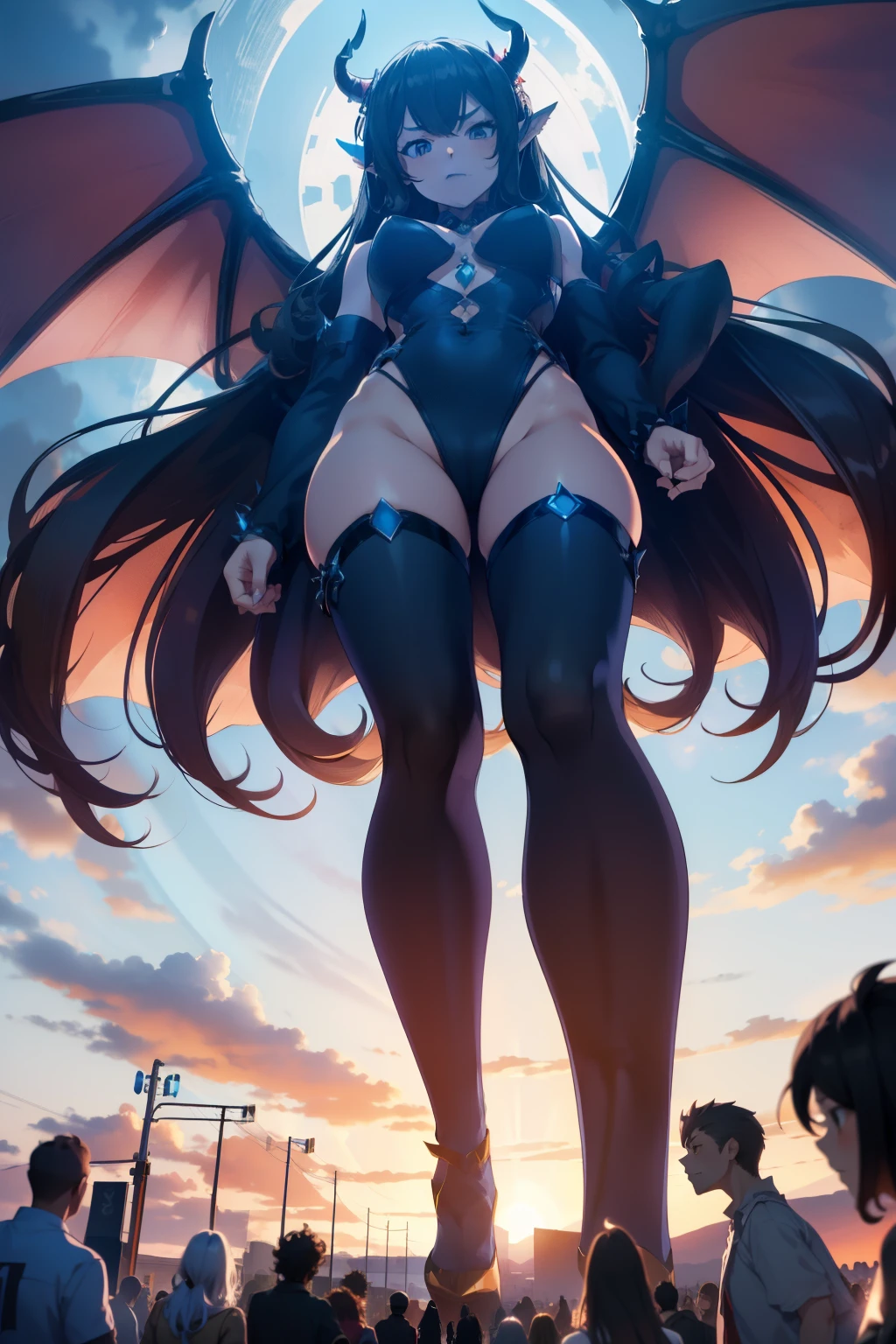 giant girl 50,00000 feet high, Possessing a pair of huge demon wings，Have waist-length hair，Loose hair，Wearing a pair of high heellue curly hair，hands on hips，A look of enjoyment，Standing tall in a small town crowded with people, destroying them wantonly。